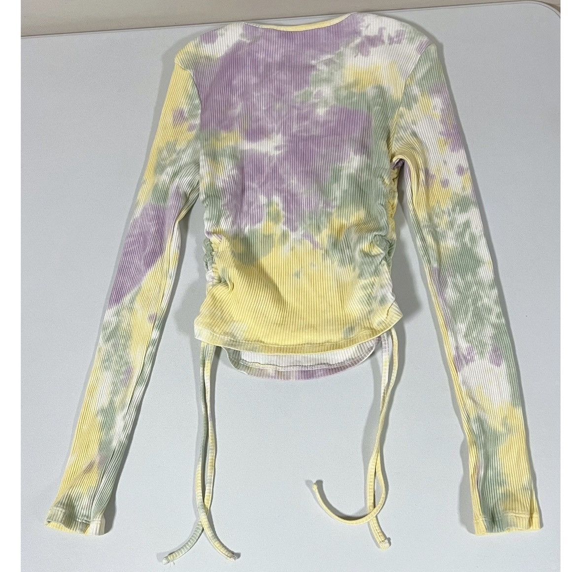 Japanese Brand Pastel Tie-Dye Ruched Long Sleeve Shirt Top Tee Size S 💛💜✨ Size S / US 4 / IT 40 - 3 Thumbnail