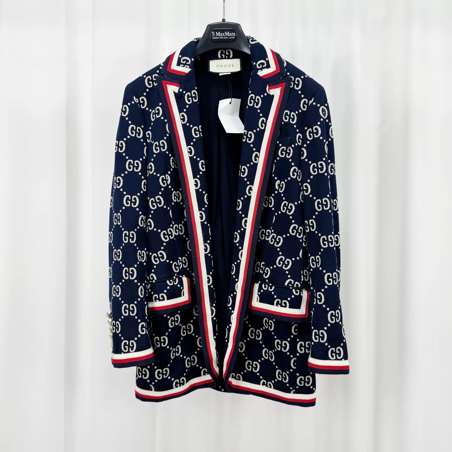 gucci monogram print blazer with red accents