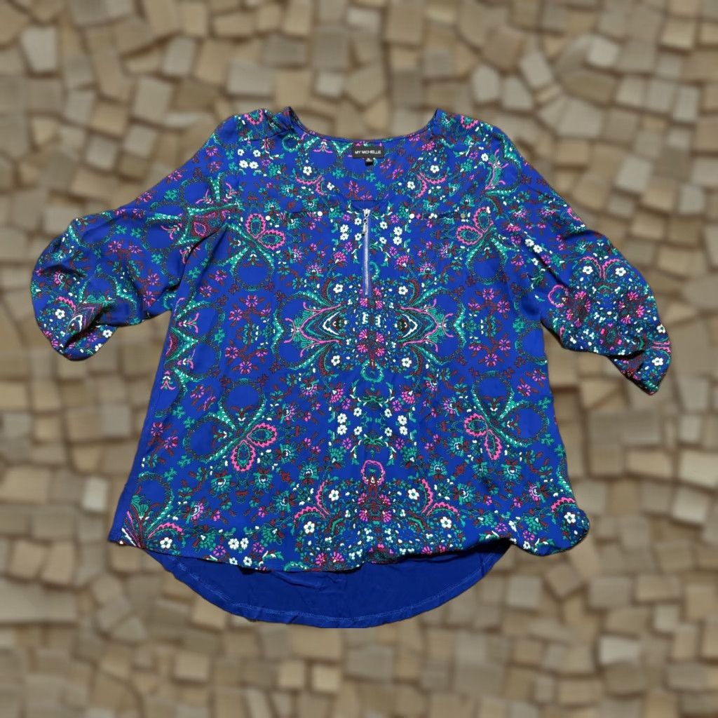Vintage My Michelle Blouse Women's XL Blue Floral 3/4 Sleeve 1/4 Zipper Shirt Womens XL Blue Floral Modern Casual Size XL / US 12-14 / IT 48-50 - 1 Thumbnail
