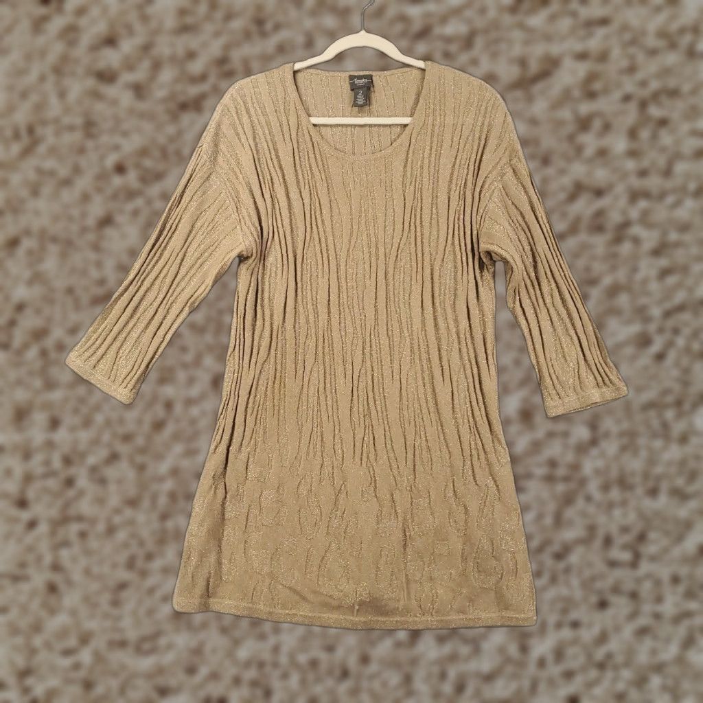 Vintage Chicos Sweater Womens L Gold Sparkle Shimmer Textured Scrunched Travel Casual Knit Pullover Round Neck Long Sleeve Classic Designer Metal 2 Size L / US 10 / IT 46 - 1 Thumbnail