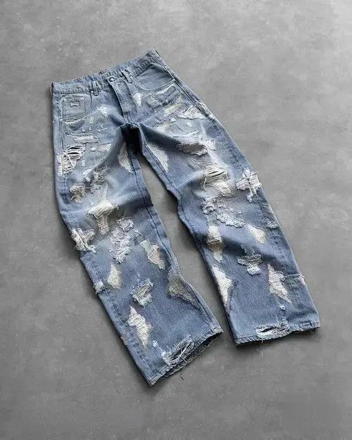 Designer × Japanese Brand × Jean Vintage Ripped Straight Baggy Jeans Size US 29 - 2 Thumbnail