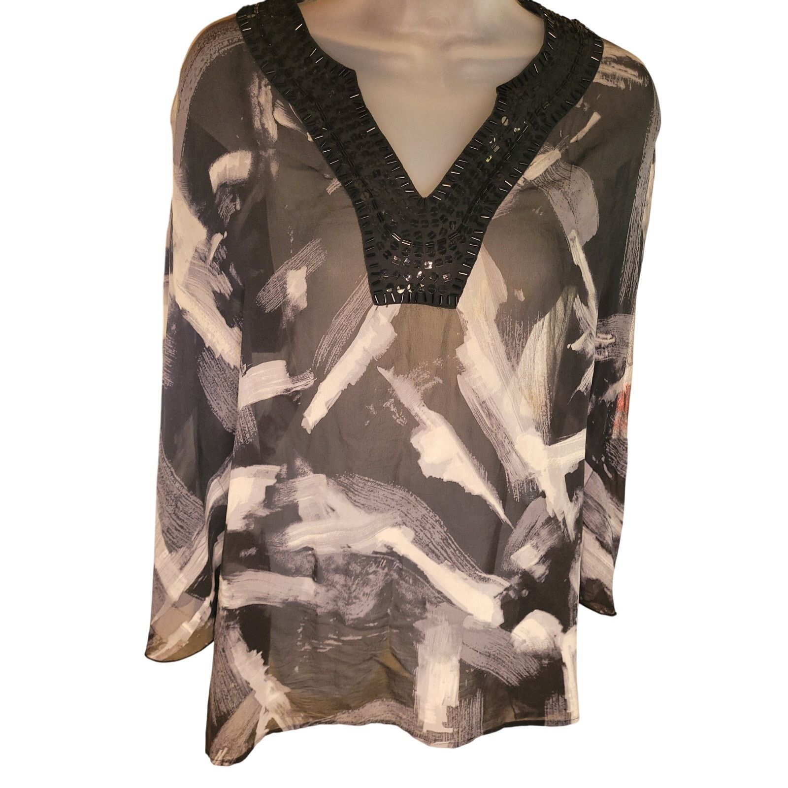 Chicos Chicos Blk/White Dolman Sleeve Sheer Blouse Sequin Sz 1 Size XS / US 0-2 / IT 36-38 - 1 Thumbnail