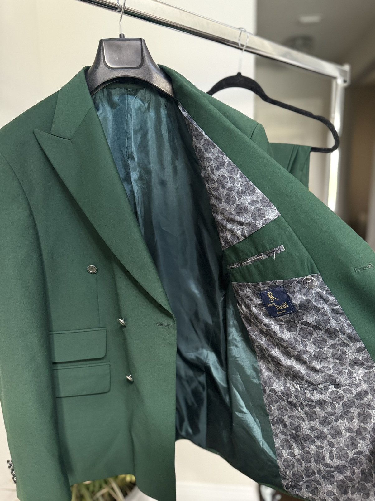 Other Forest Green Double Breasted Suit Italian Wool Blend Size 46 Size 46R - 2 Thumbnail