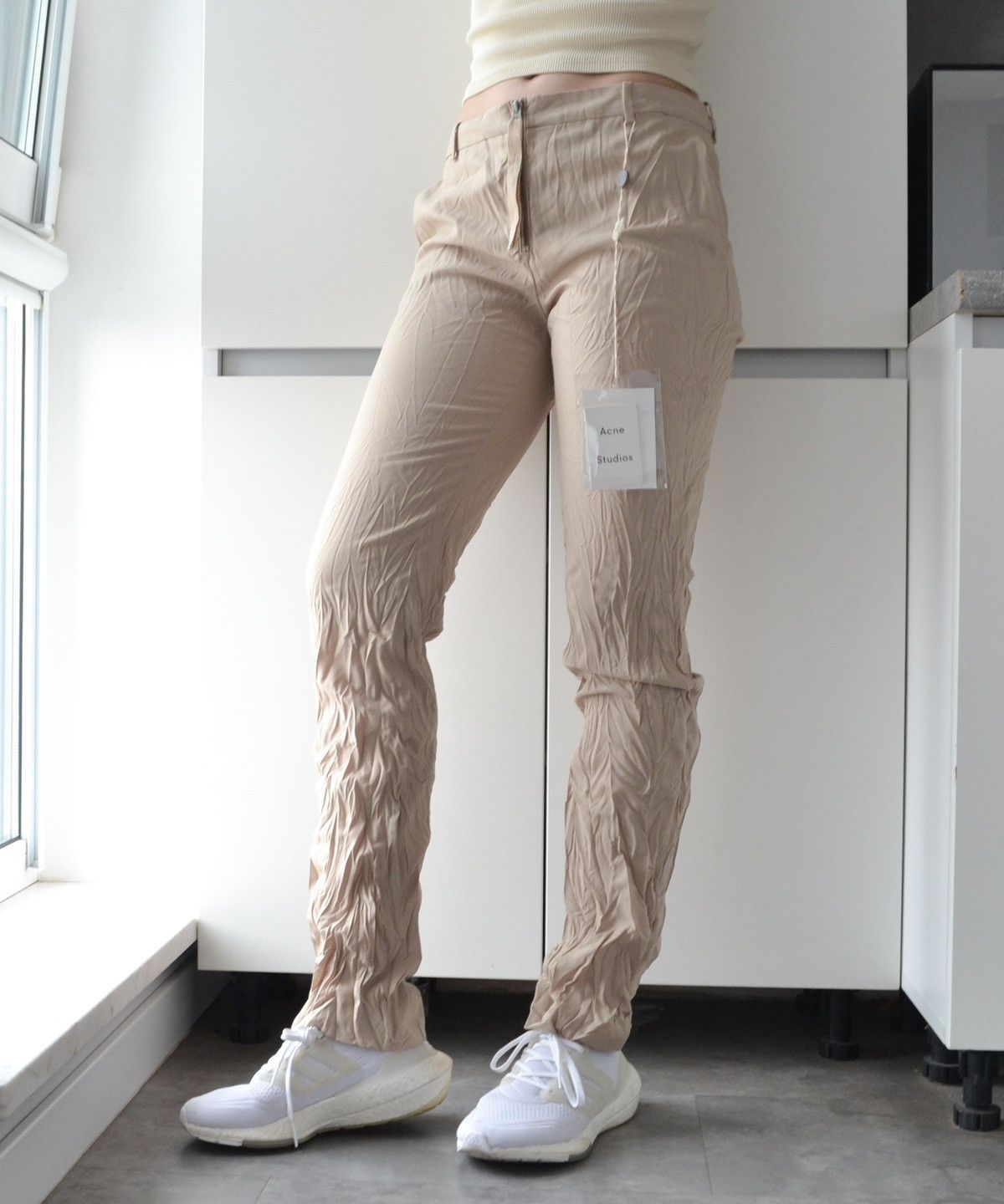 image of Acne Studios Pants Trousers “Erle Froisse” Crinkle Textured in Beige, Women's (Size 26)