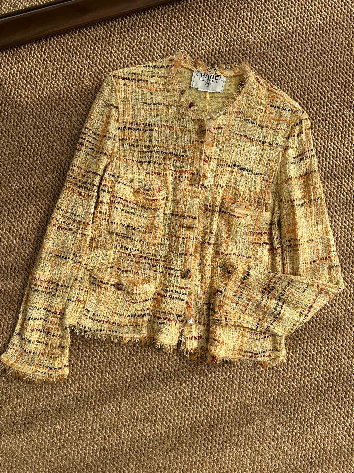 Chanel Chanel tweed fringe raw edge jacket women's sunset yellow Size M / US 6-8 / IT 42-44 - 3 Thumbnail
