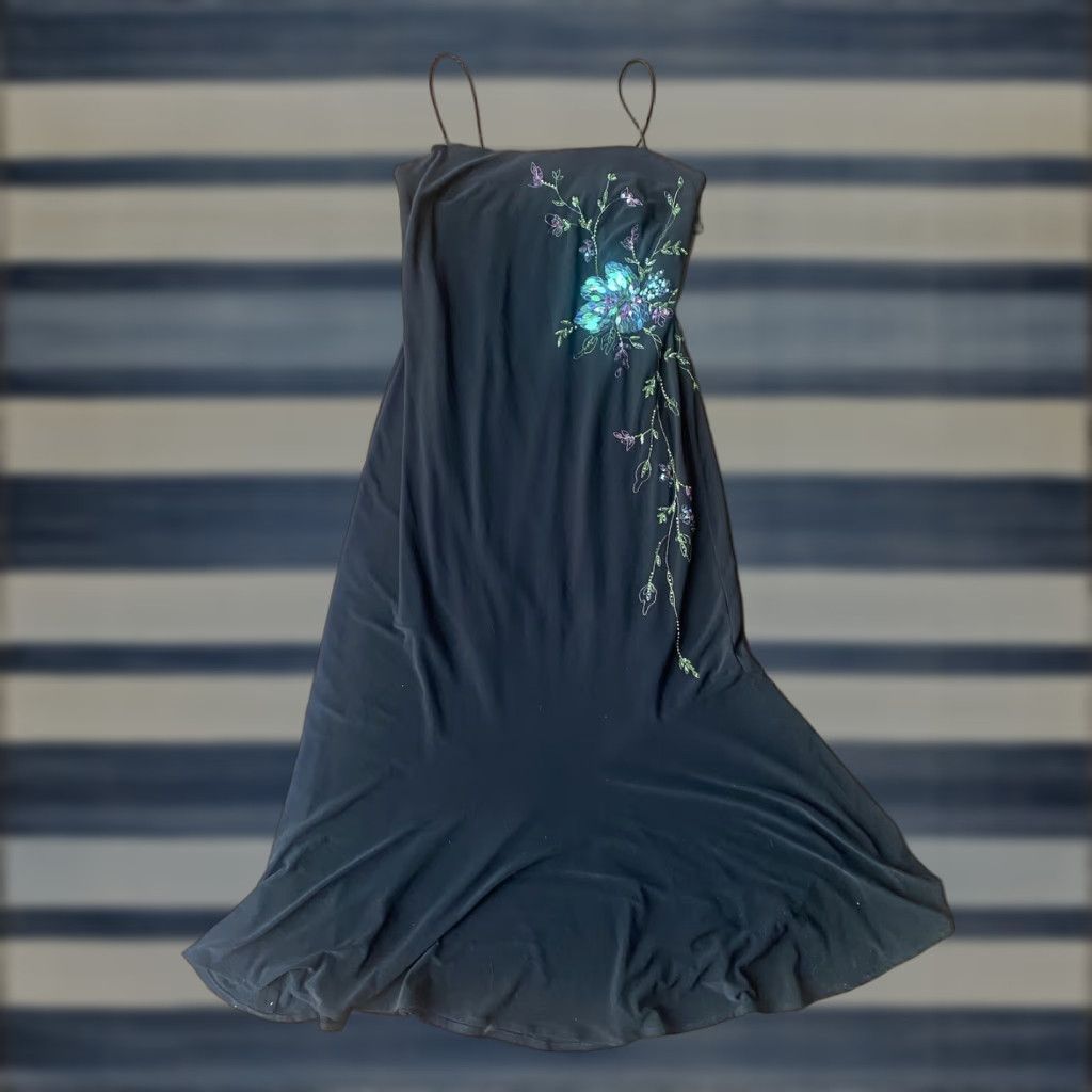 Vintage VINTAGE Laura Ryner Floral Sequins Fairy Maxi Dress 11/12 Black Sleeveless V-Neck Beaded Long Dress Womens Size L / US 10 / IT 46 - 1 Thumbnail
