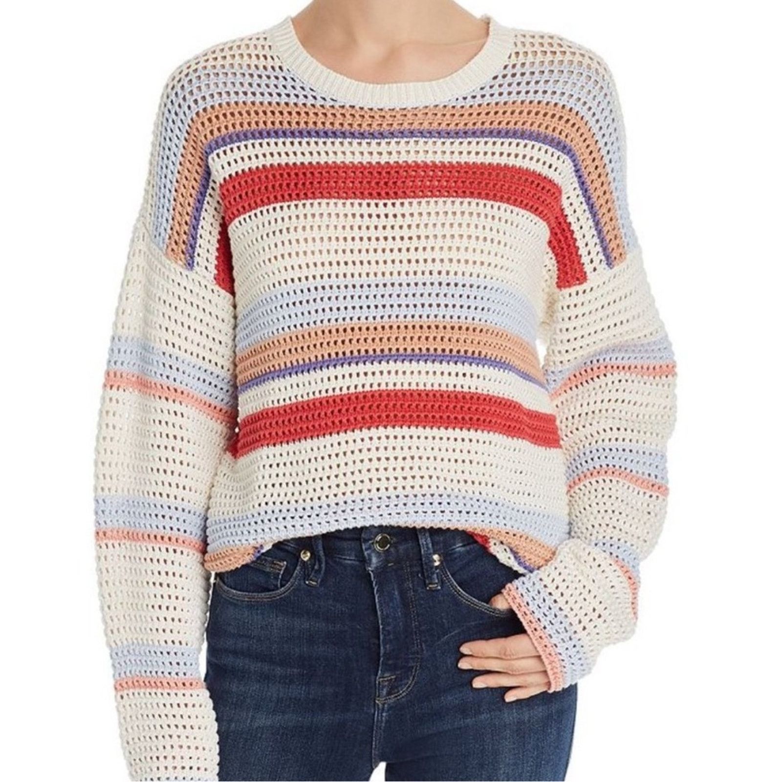 Joie Joie Diza White Striped Knit Long Sleeve Cropped Sweater Size L / US 10 / IT 46 - 1 Thumbnail