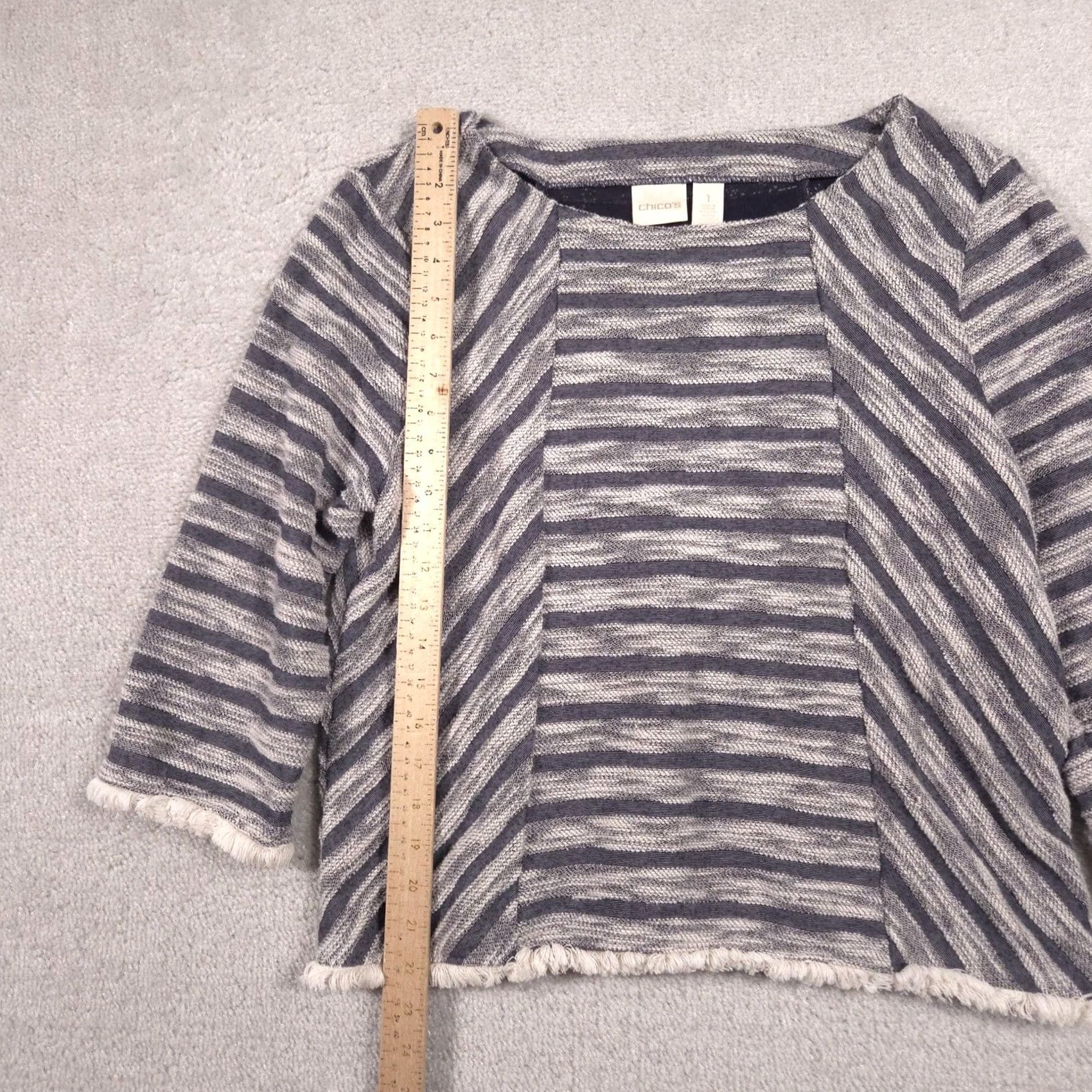 Vintage Chico's Sweater Womens Striped Knit 3/4 Sleeve Fringe Hem Crew Neck Pullover Gray White Medium? 1 Size XS / US 0-2 / IT 36-38 - 6 Thumbnail