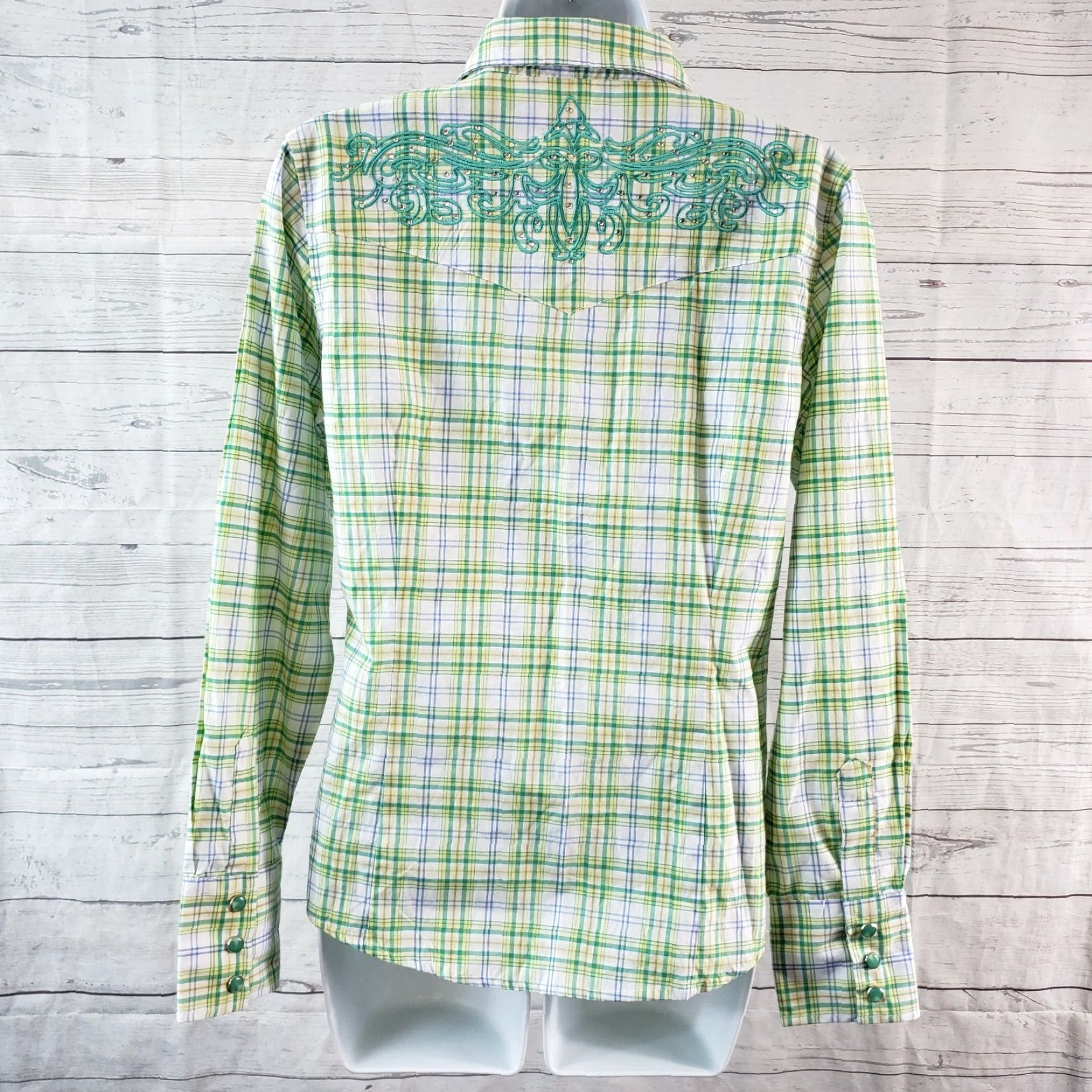 Vintage Danesi Womens Pearl Snap Shirt Sz M Green White Plaid Embroidered Button-Up Shirt/Top Size M / US 6-8 / IT 42-44 - 4 Thumbnail