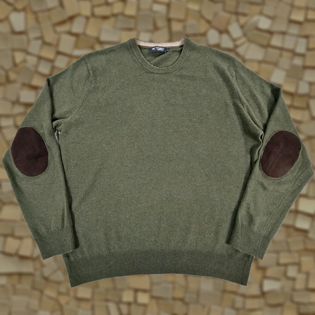 Hackett Hackett Mens Jumper Green Large Merino Wool Knit Crew Neck Long Sleeve Suede Elbow Patches Casual Pullover Vintage: No Pattern Size US L / EU 52-54 / 3 - 1 Thumbnail
