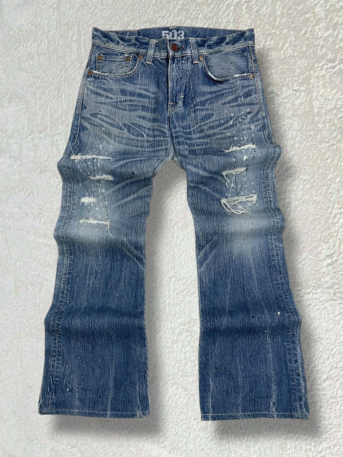 Designer × Edwin × Vintage Vintage Edwin Blue Trip 503 Iconic Distressed Flared Denim Size US 33 - 1 Thumbnail
