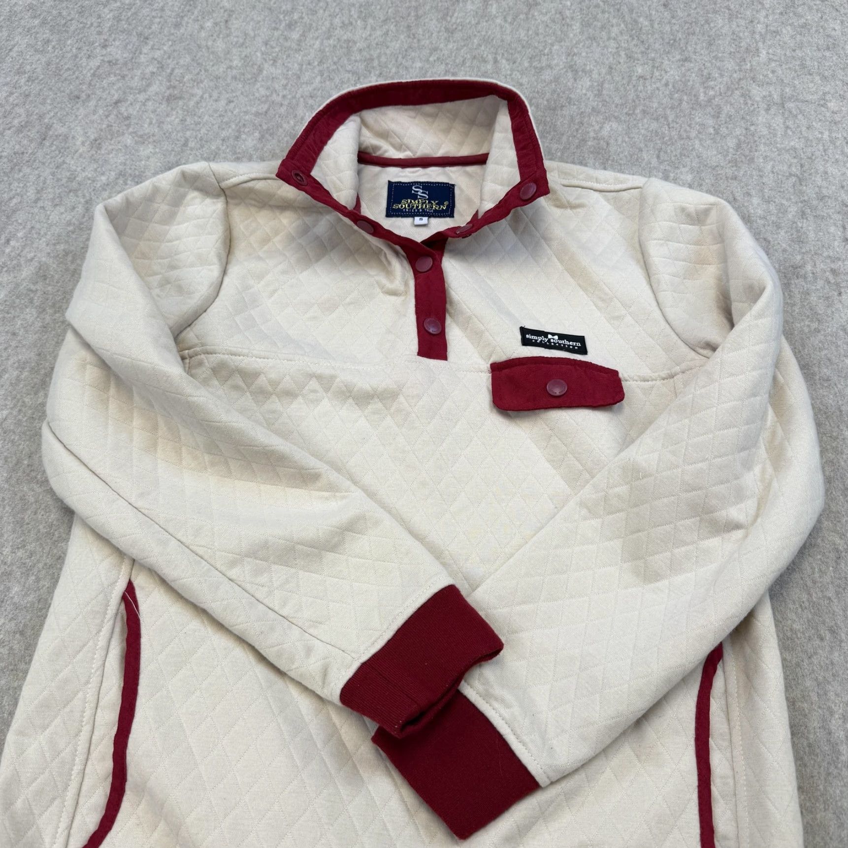 Vintage Simply Southern Pullover Womens Small White Burgundy Quilted Snap Sweatshirt Size S / US 4 / IT 40 - 7 Thumbnail