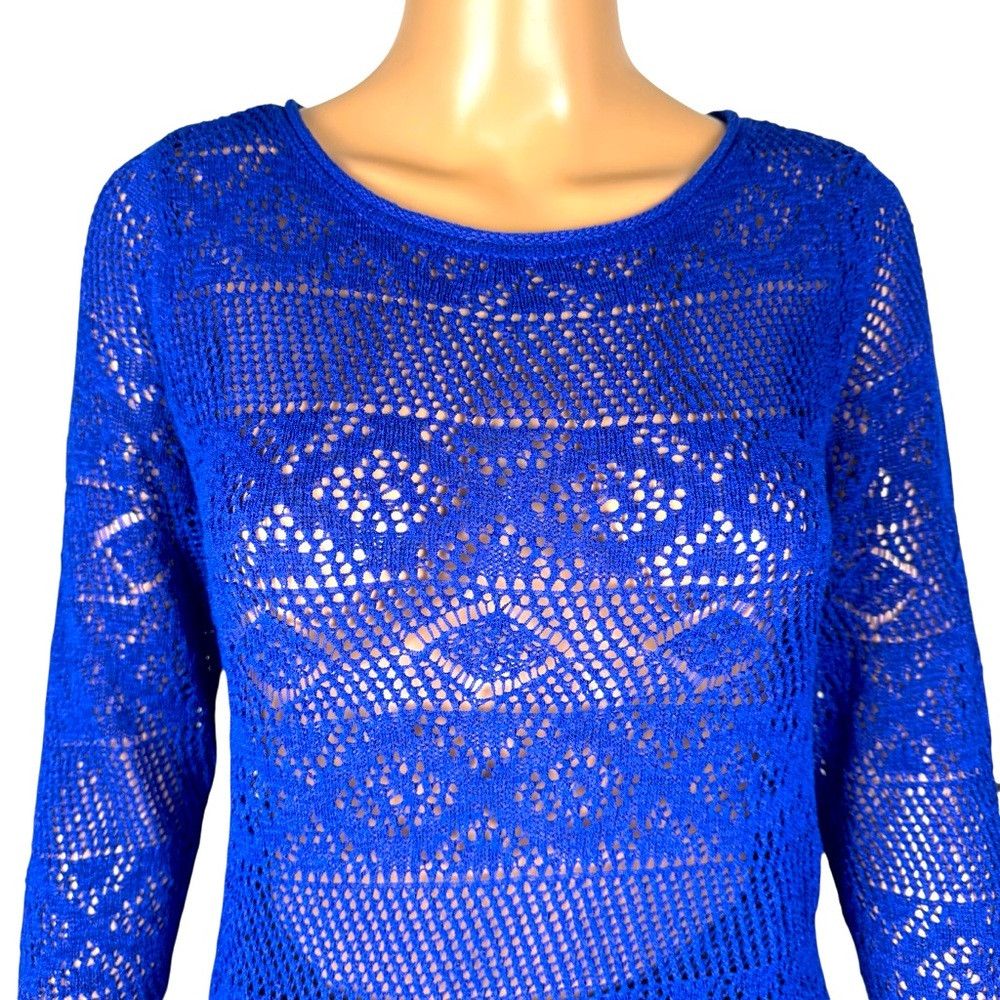 Chicos Chico's Blue Knit 3/4 Sleeve Fringe Top Size 2 US L Size L / US 10 / IT 46 - 2 Thumbnail