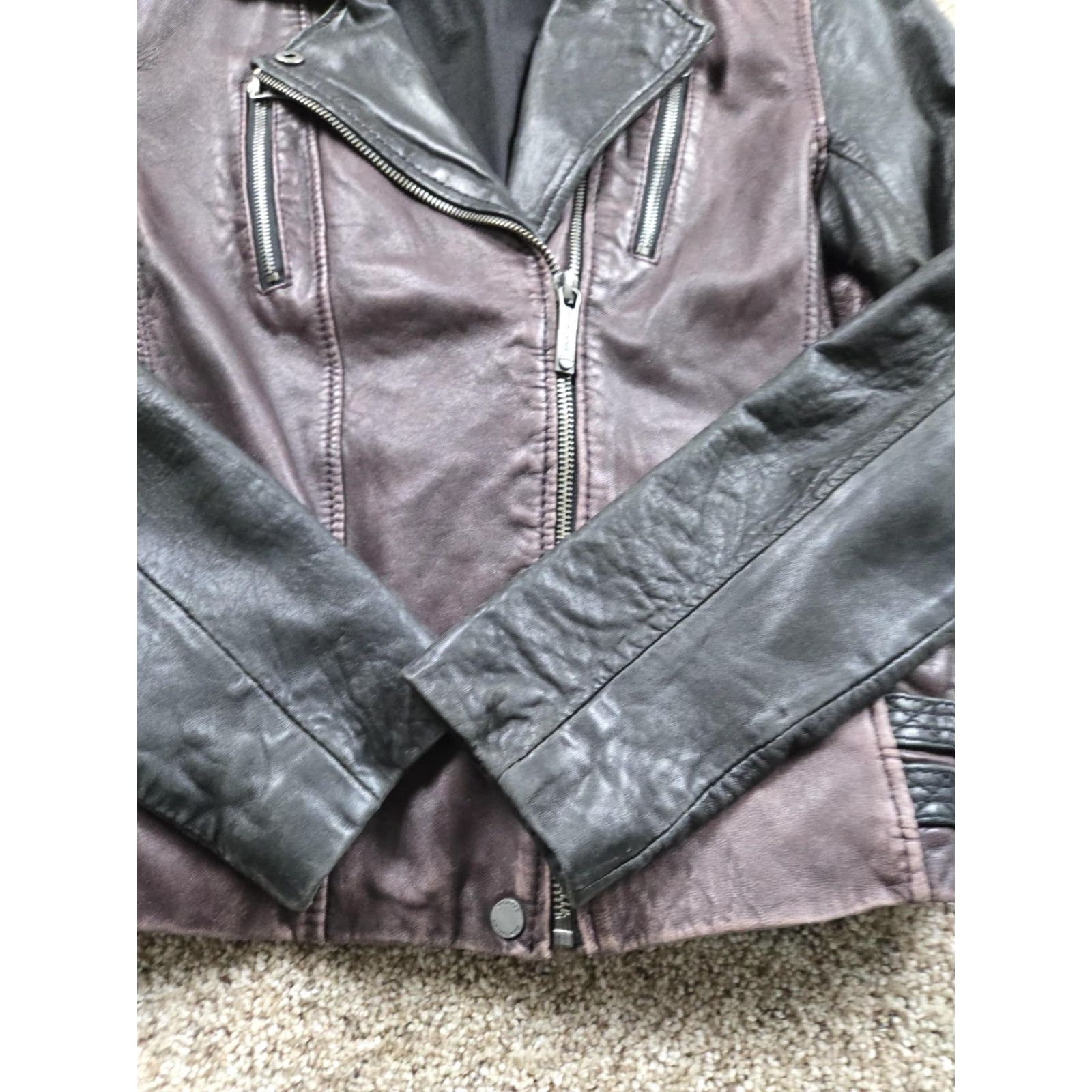 Michael Kors Michael Kors Leather Moto Jacket Womens S Burgundy Black Biker Zip Short Collared Lined Pockets Zipper Size S / US 4 / IT 40 - 3 Thumbnail