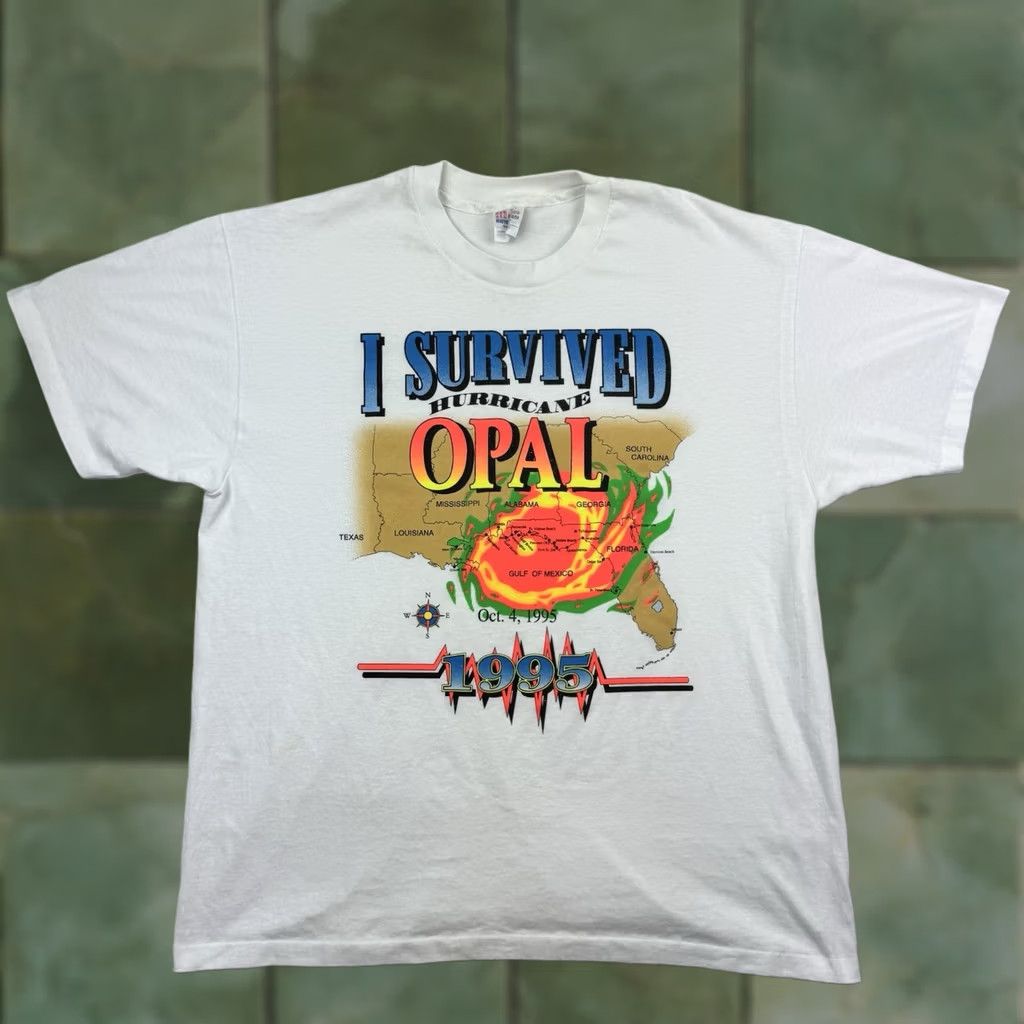 Hanes Vintage Hanes T-Shirt Opal White I Survived Storm 1995 Outdoor 90s Mens XL Crew Neck Short Sleeve Cotton Polyester Regular Weather Nature Shirt Size US XL / EU 56 / 4 - 1 Thumbnail