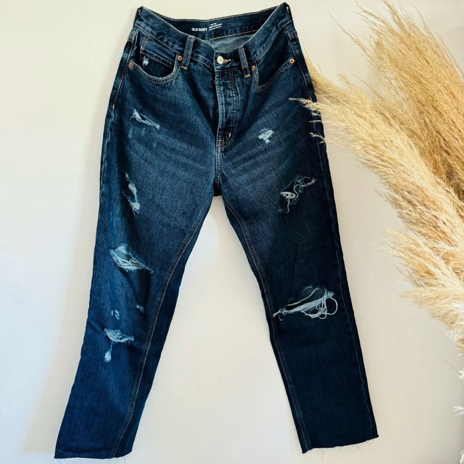 Old Navy OLD NAVY Blue High Rise Straight Leg Distressed Jeans 8 Size 30" / US 8 / IT 44 - 3 Thumbnail