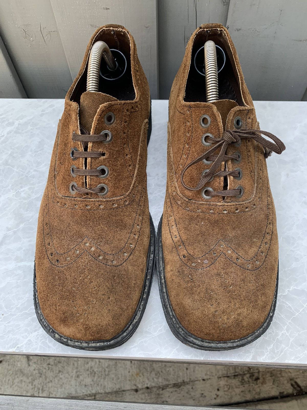 Dr. Martens × Other × Vintage 1970s Suede Brogues Vintage Square Toe Boots Heel Derby 10 Size US 9.5 / EU 42-43 - 5 Thumbnail