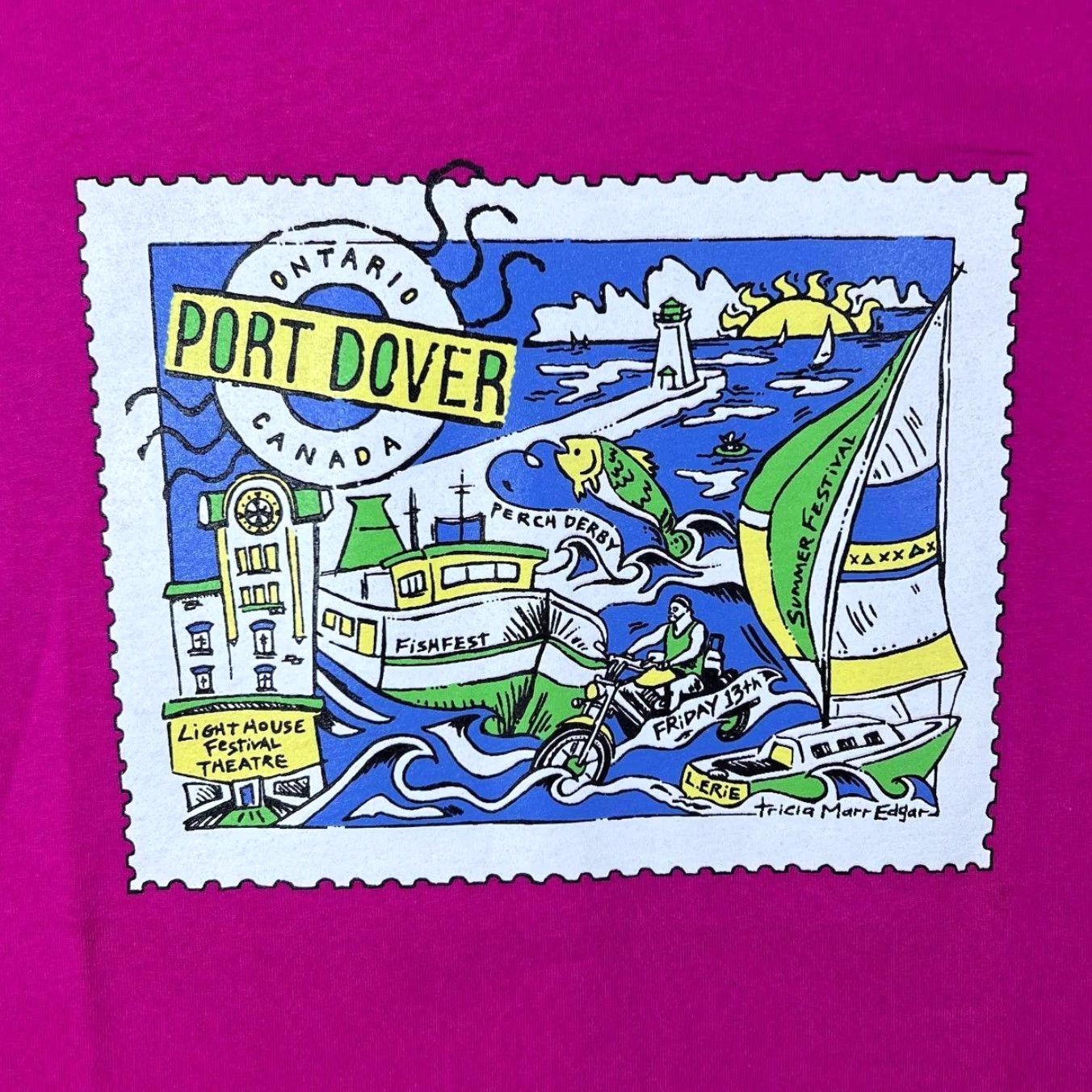 Gildan VINTAGE Port Dover Stamp Canada Souvenir Graphic Pink Cotton T-Shirt Large Mens Shirt Graphic Print 90s Style Size US L / EU 52-54 / 3 - 3 Thumbnail