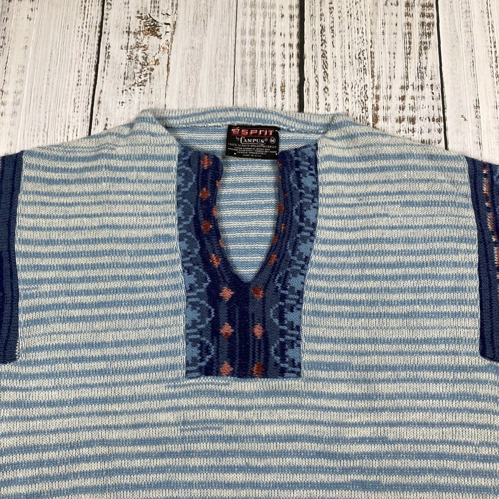 Esprit VINTAGE Esprit 70s HIPPY BOHO Cardigan Sweater Womens M Blue Floral Striped Knit Size M / US 6-8 / IT 42-44 - 2 Thumbnail