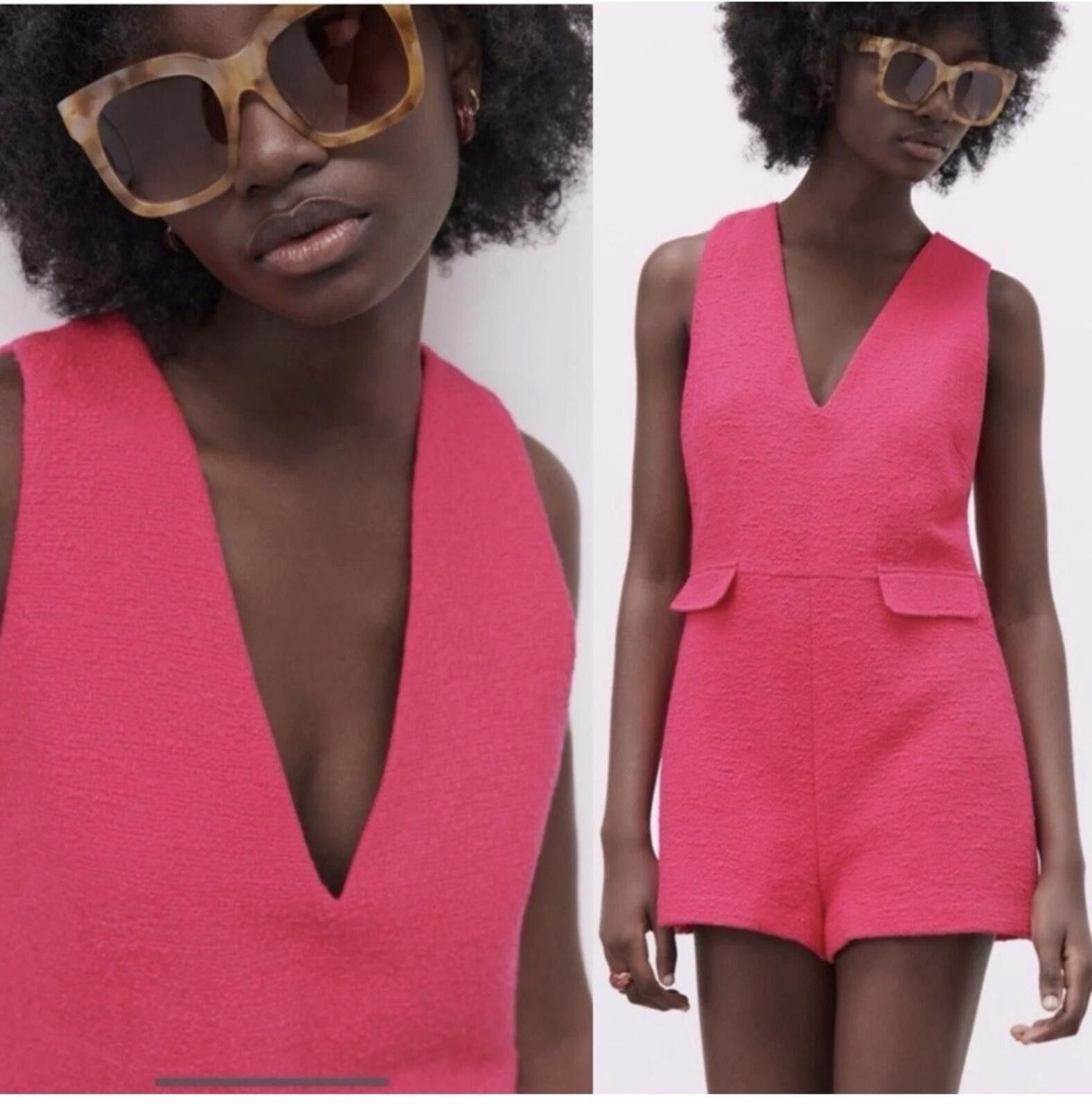 Zara Zara Hot Pink Tweed Textured Weave Romper EUC Size Small Size 28" / US 6 / IT 42 - 1 Thumbnail