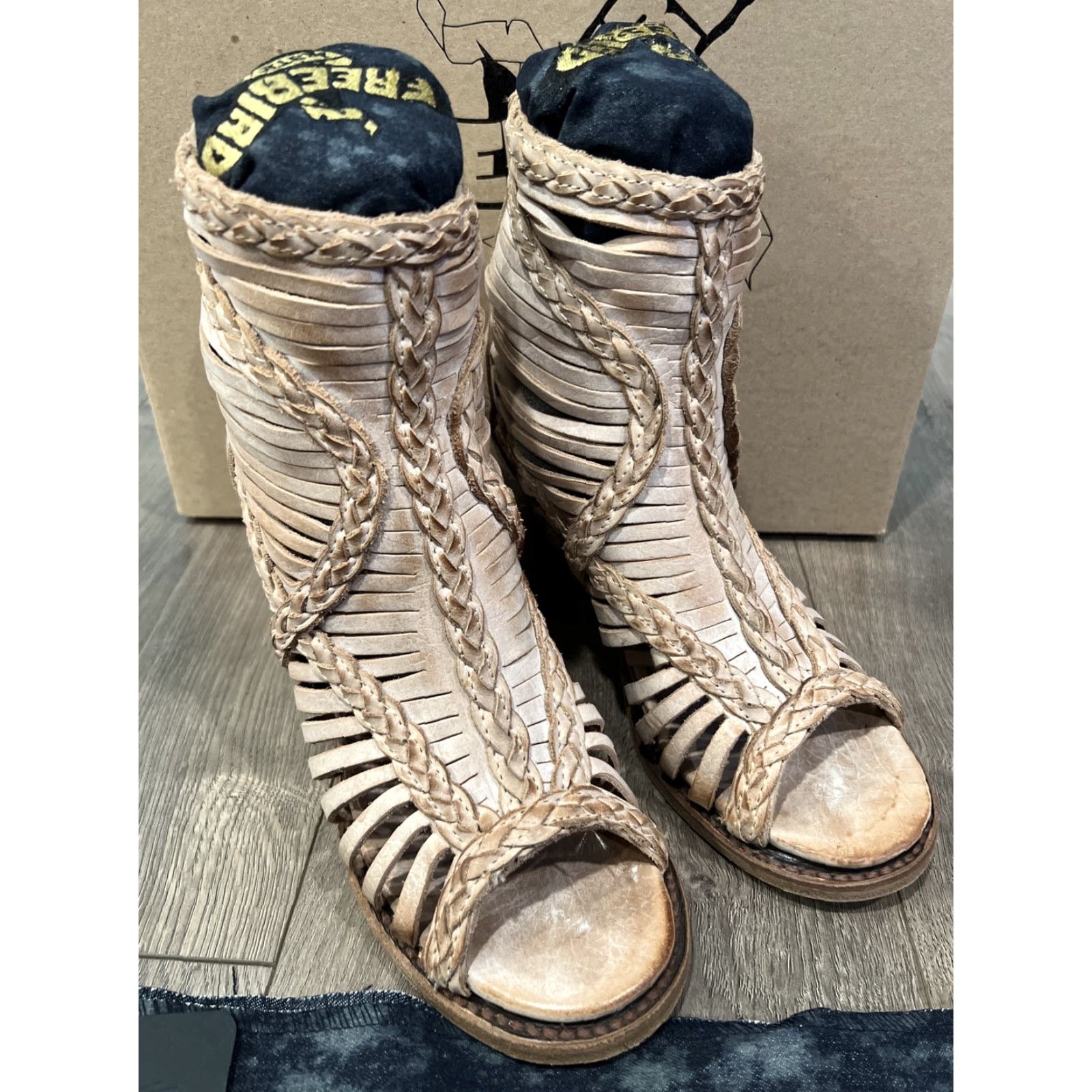 FREEBIRD Freebird By Steven Bela Bootie Women US Size 7 Taupe Leather Cage Braid Peep Toe Boho Block Heel Womens Size US 7 / IT 37 - 2 Thumbnail