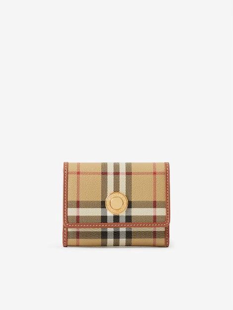 image of Burberry Check And Leather Small Folding Wallet in Archive Beige Check, Women's