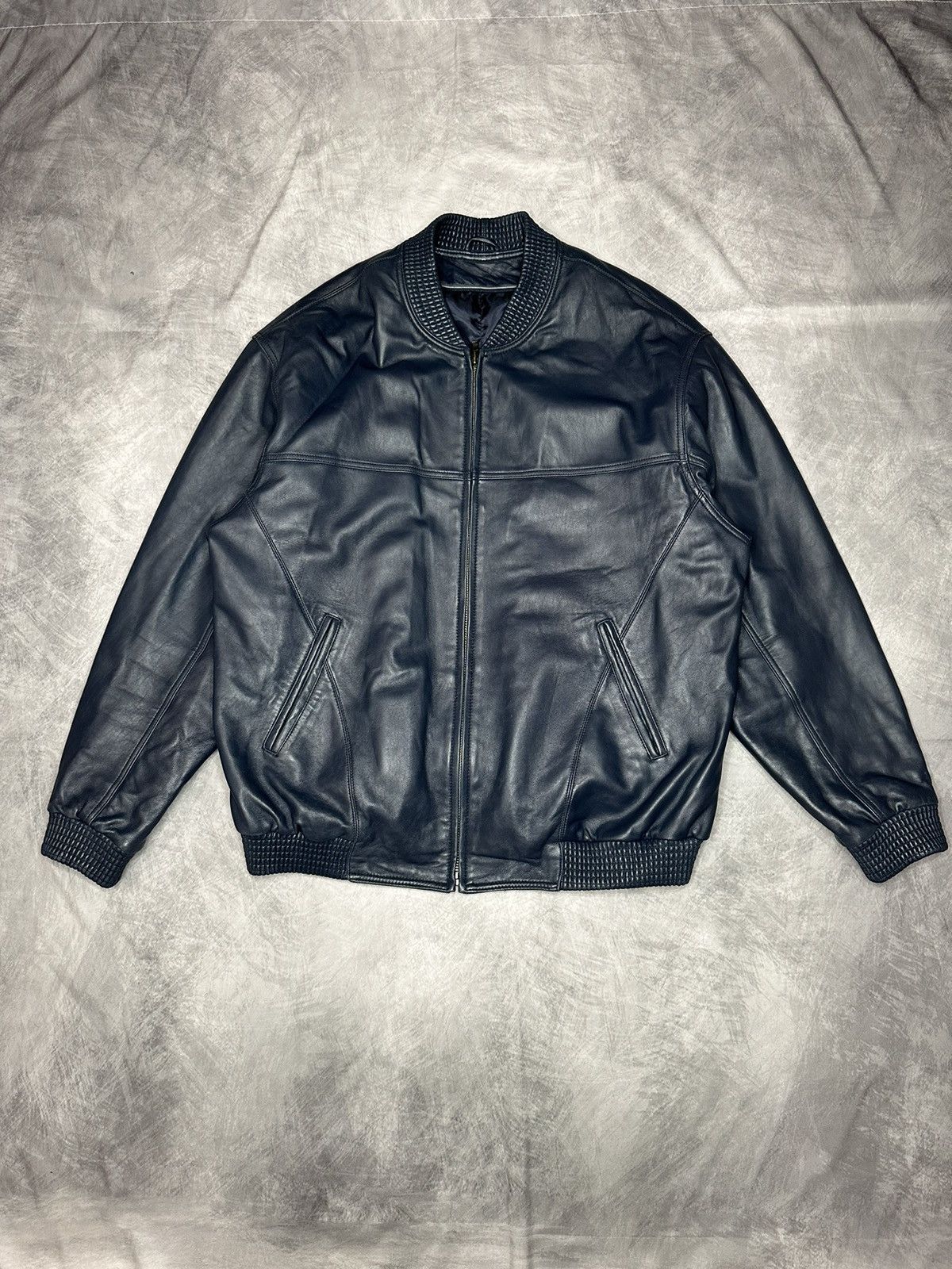 Other Leather Bomber Jacket Navy Blue Zip Pockets Size US XXL / EU 58 / 5 - 2 Thumbnail