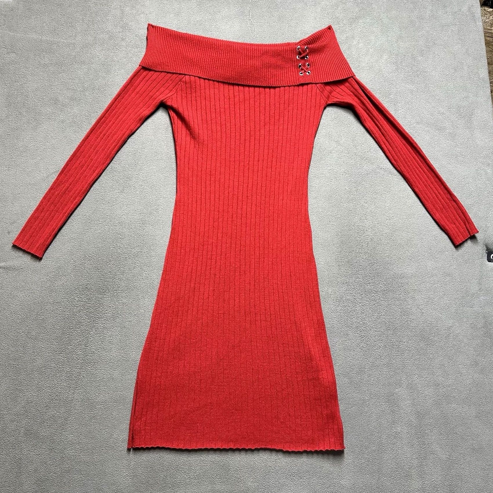 Vintage Alison Andrews Midi Dress Womens M Red Ribbed Off Shoulder Long Sleeve Slim Size M / US 6-8 / IT 42-44 - 2 Thumbnail