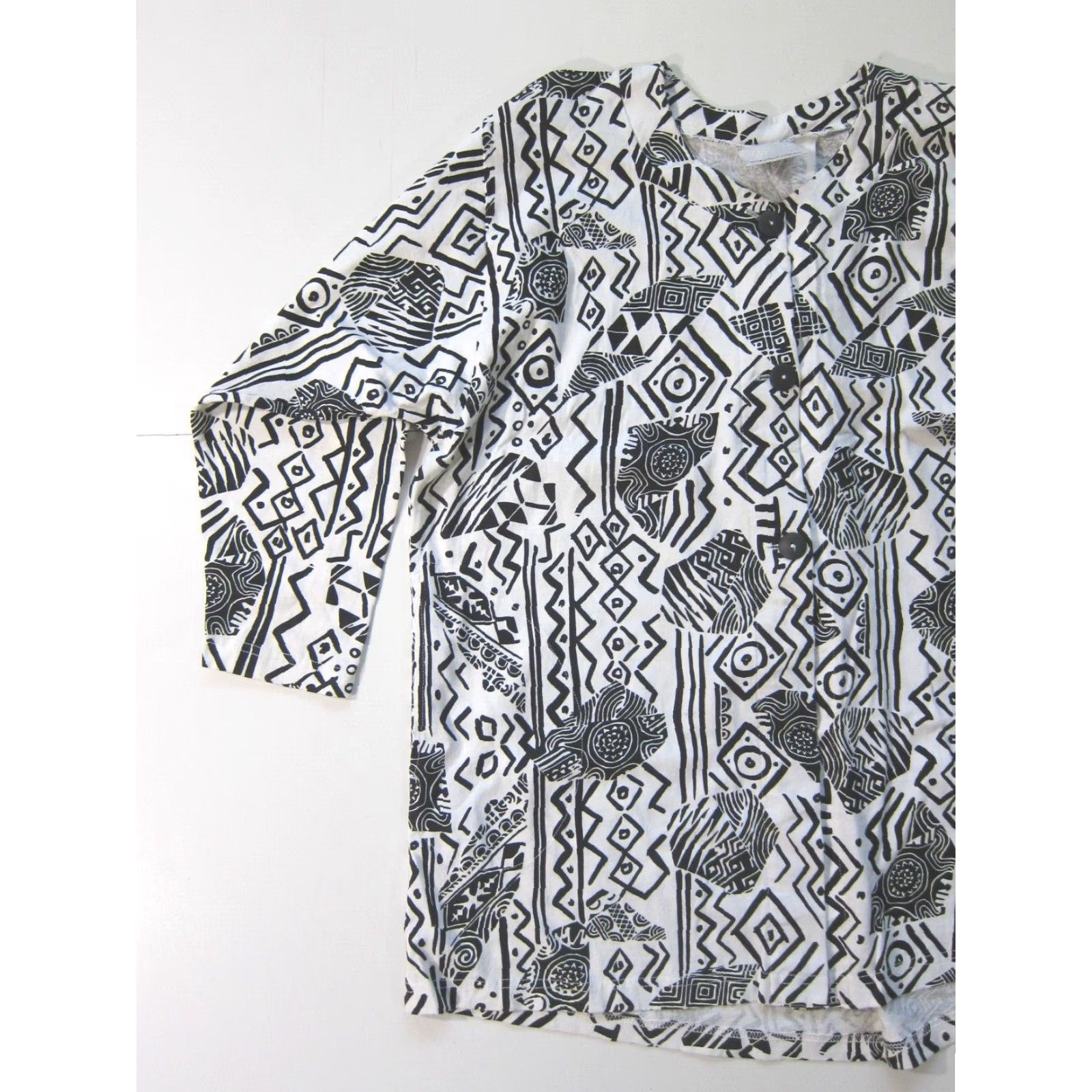 Vintage Mishi Blazer Jacket Women OS Pocket Button Down 100% Cotton White Black Abstract Vintage Geometric Casual Business Formal 80s 90s Size ONE SIZE - 6 Thumbnail