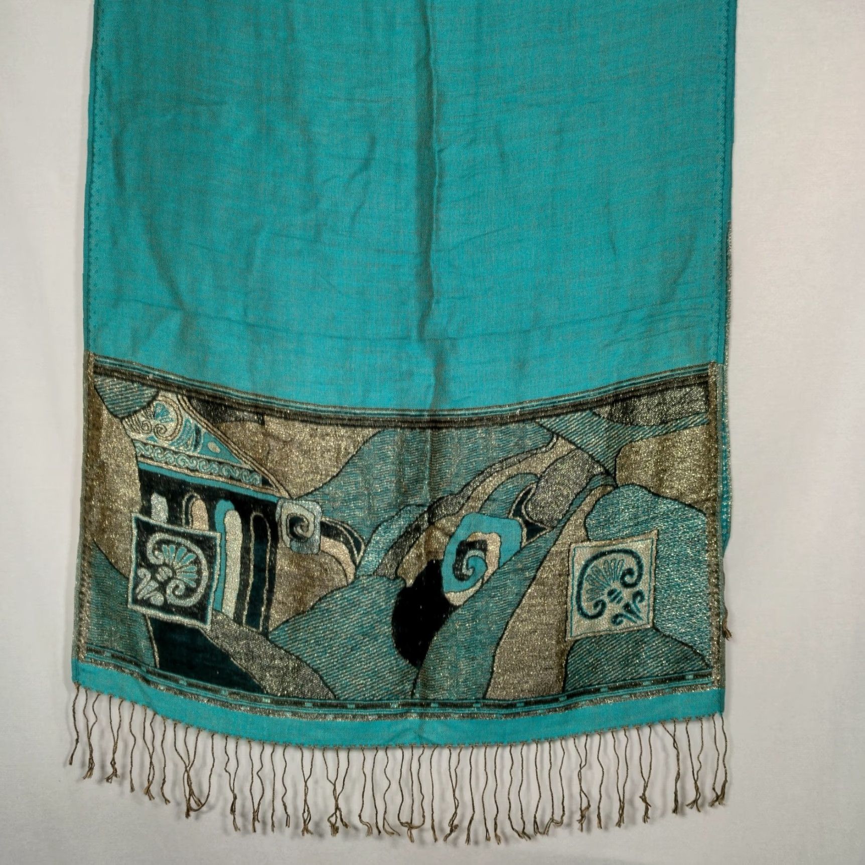 Vintage **Artsy Turquoise Blue Cashmere Scarf Woven Metallic Design Fringe** User: Artisan Turquoise Blue Cashmere Scarf Woven Metallic Design Fringe Size ONE SIZE - 5 Thumbnail
