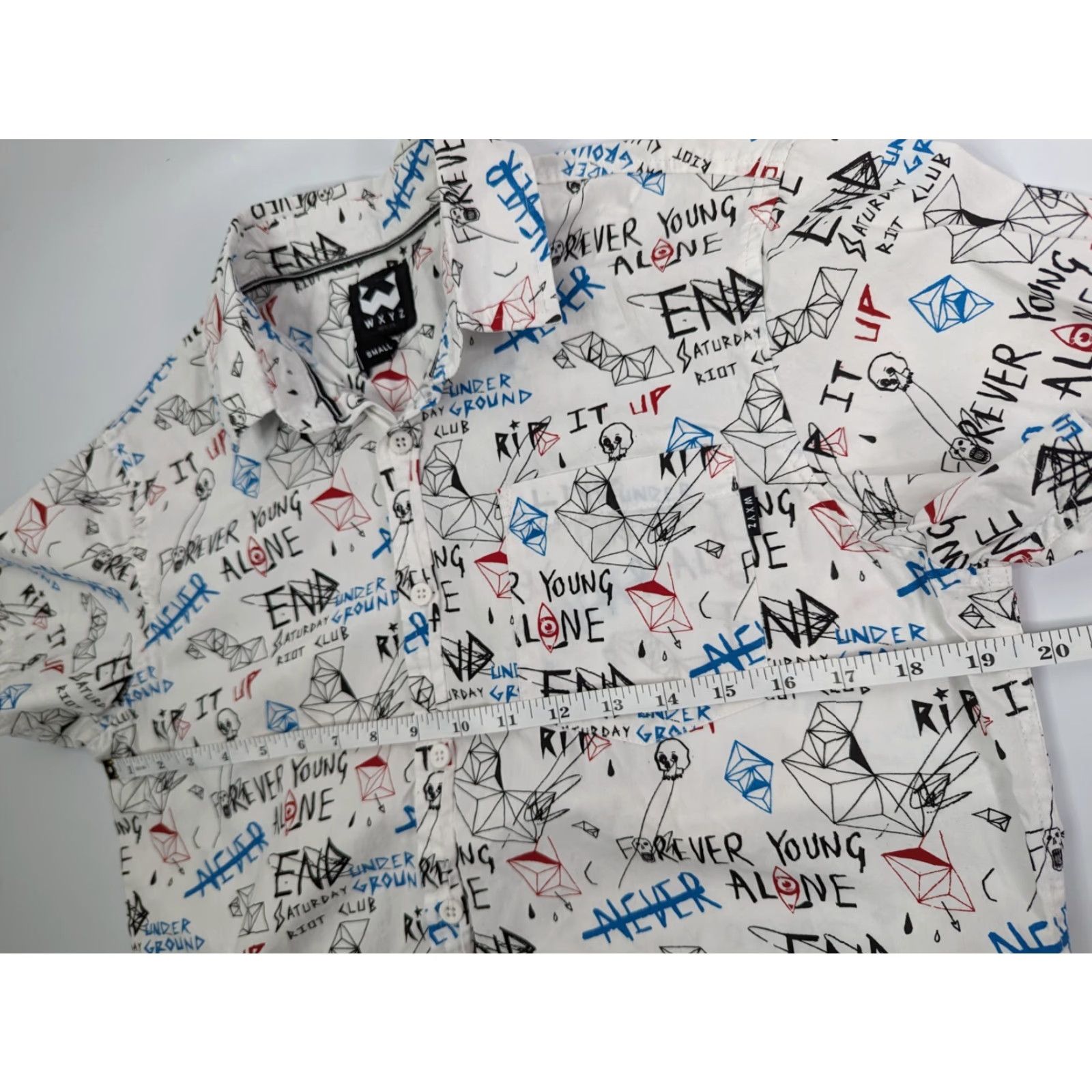 Forever 21 WXYZ Forever Young Print Button Up Short Sleeve Men’s Small 100% Cotton White Shirt Size US 29 - 6 Thumbnail