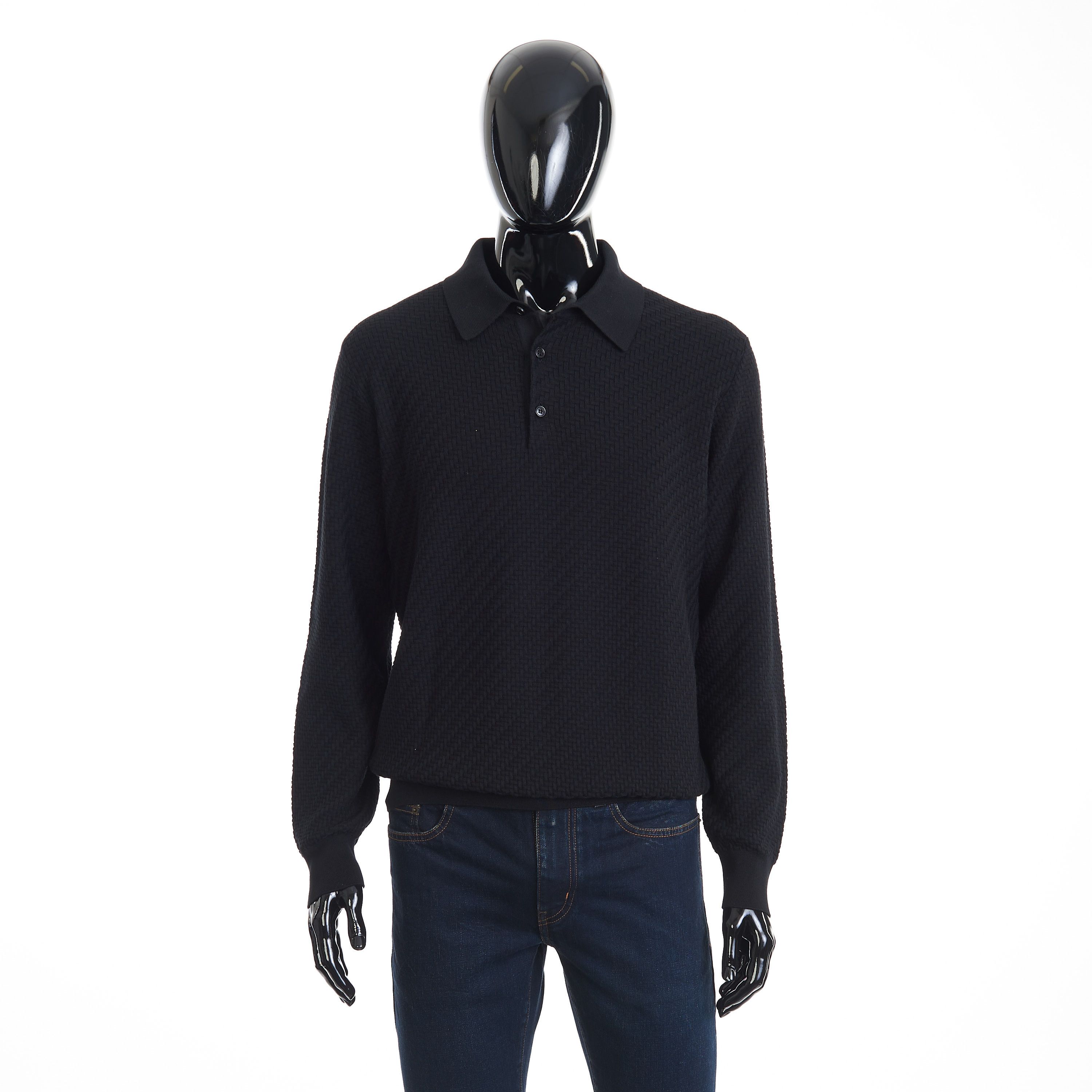 Brioni Black Cotton, Silk And Cashmere Trama Weave Polo Sweater 5XL Size US XXL / EU 58 / 5 - 1 Thumbnail