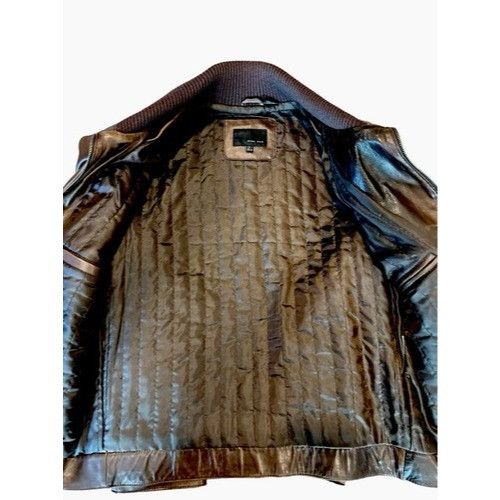 Zara Zara Man Brown Leather Jacket With Ribbed Collar & Quilted L Size L / US 10 / IT 46 - 3 Thumbnail