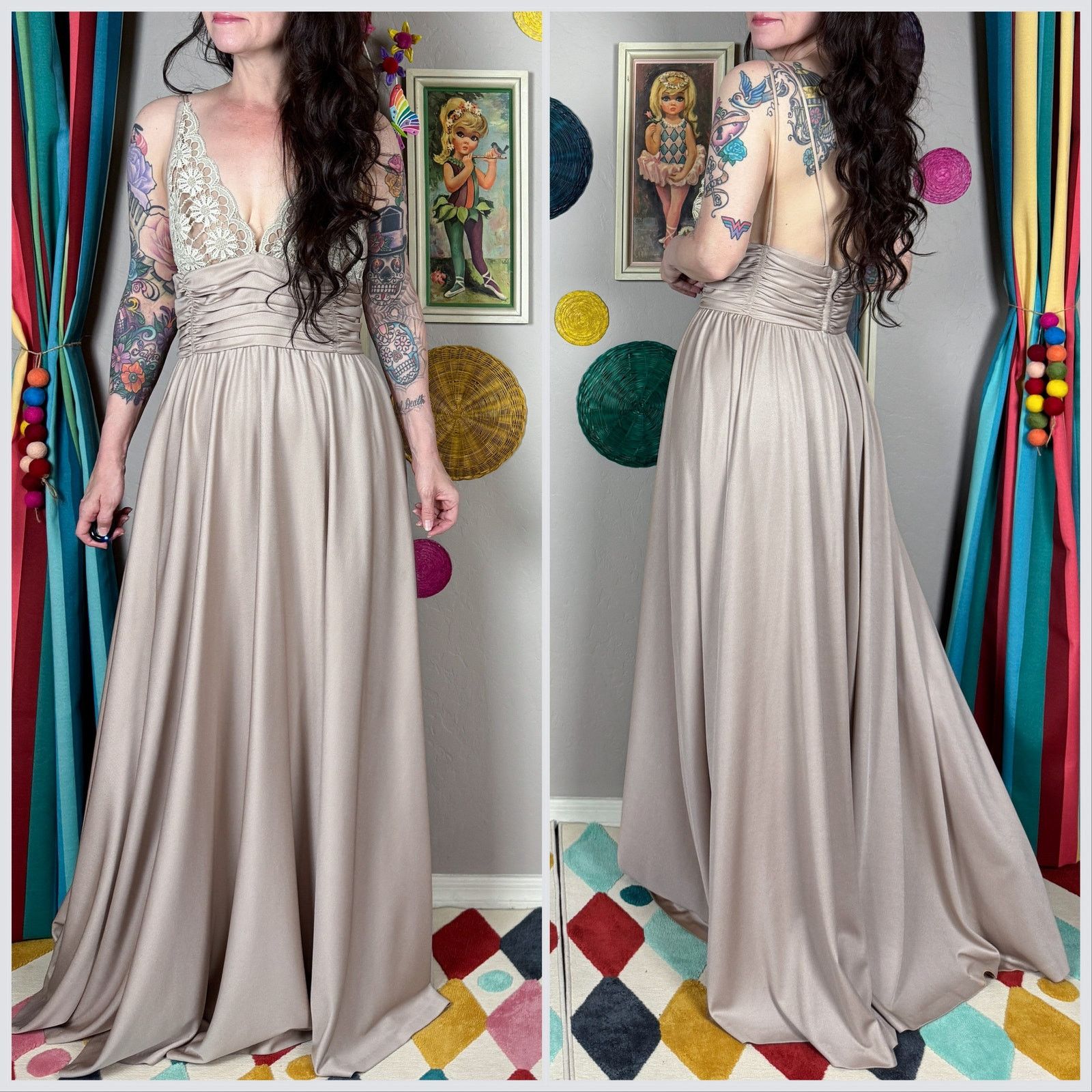 Vintage 1970s Taupe Illusion Floral Lace Strappy Backless Gown Size S / US 4 / IT 40 - 3 Thumbnail