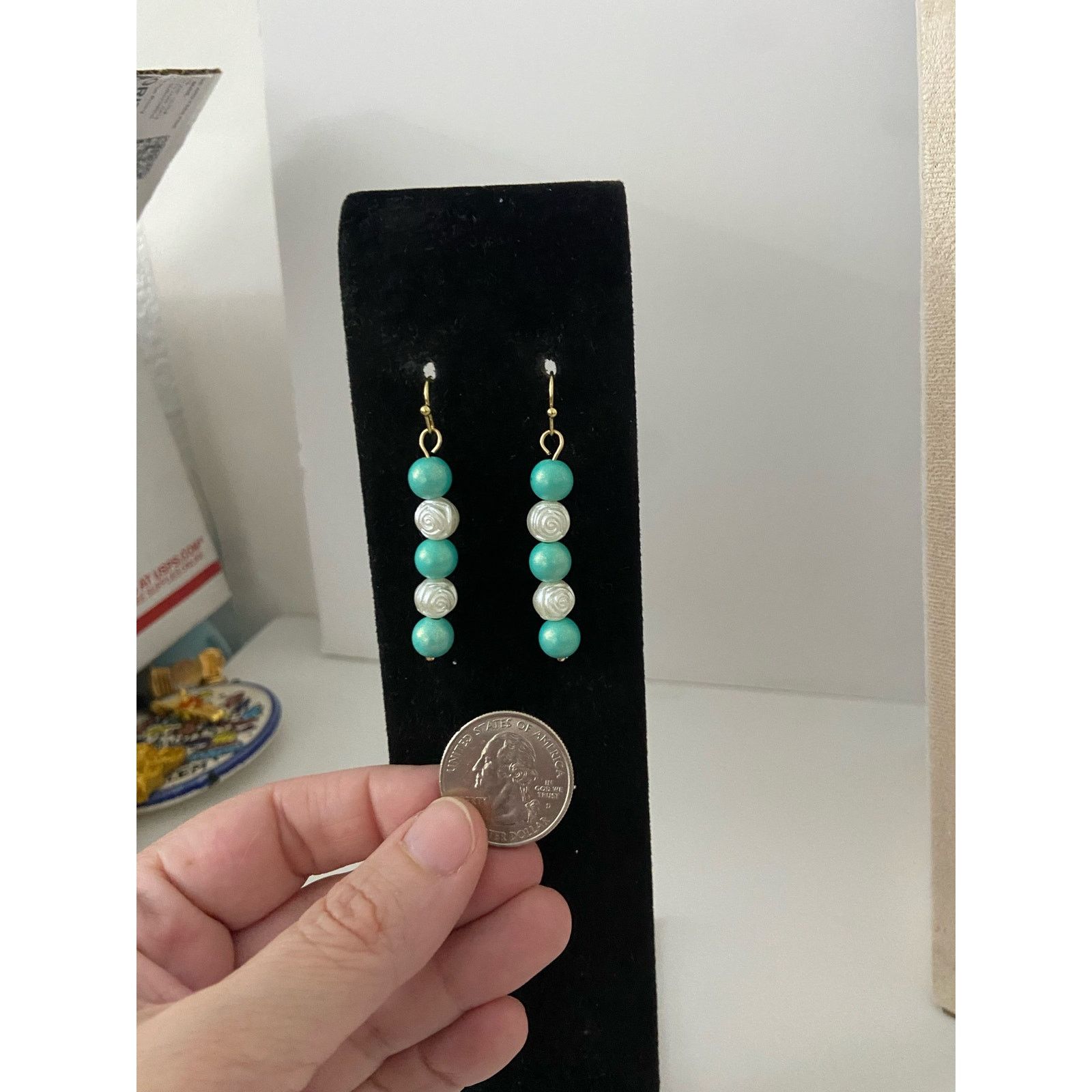 Handmade teal and white rose bead earrings Size ONE SIZE - 2 Thumbnail