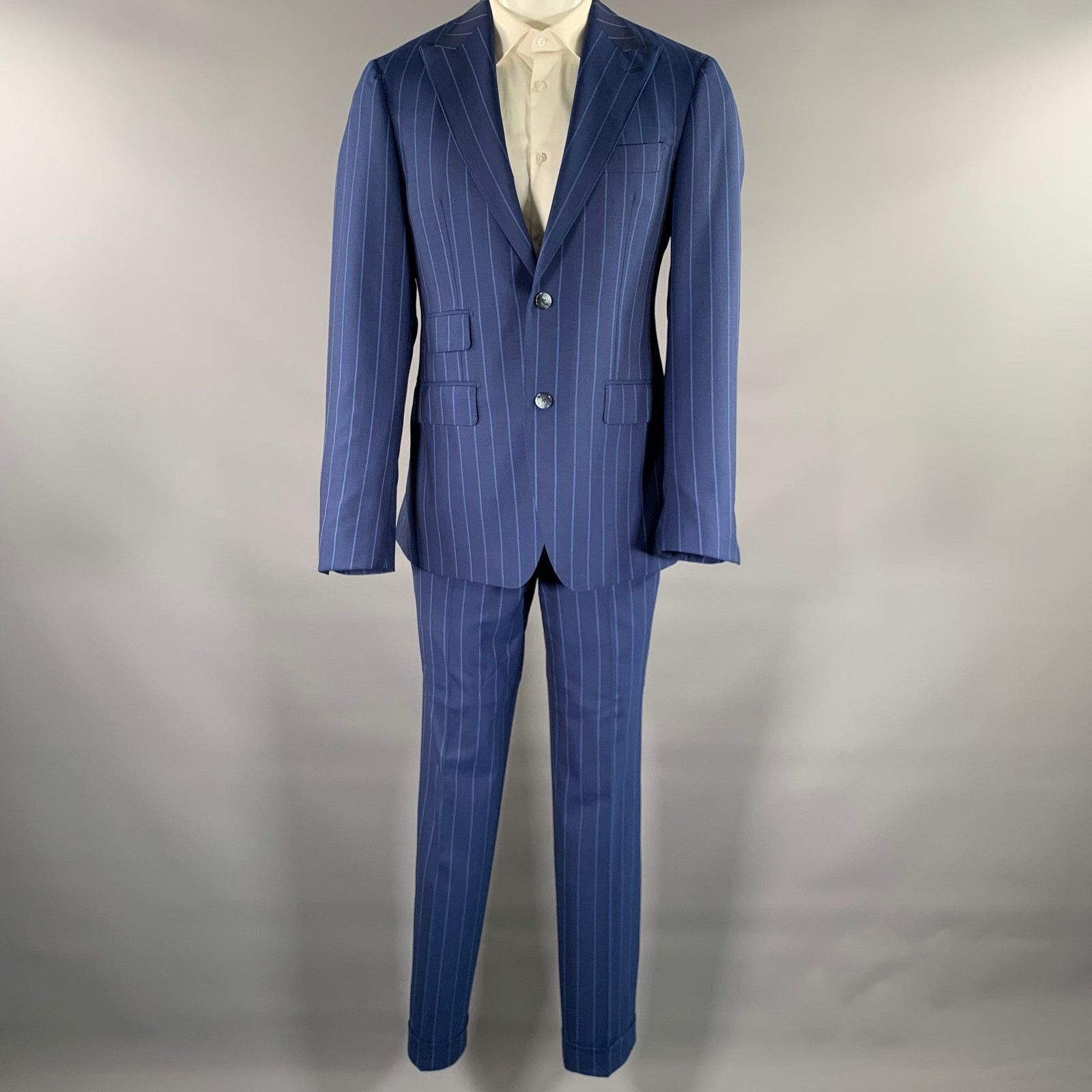 Other ATELIER MUNRO Size 38 Blue Stripe Wool Peak Lapel Suit Size 38R - 2 Thumbnail