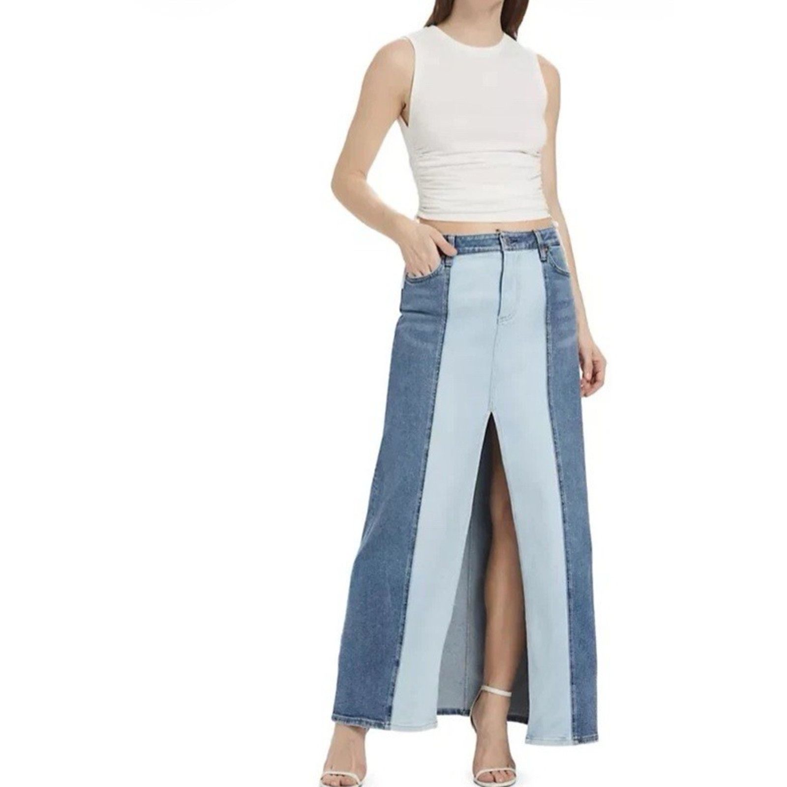 Alice + Olivia Alice + Olivia Rye TwoTone Denim Maxi Skirt Brooklyn Blue 27 Size 27" / US 4 / IT 40 - 1 Thumbnail
