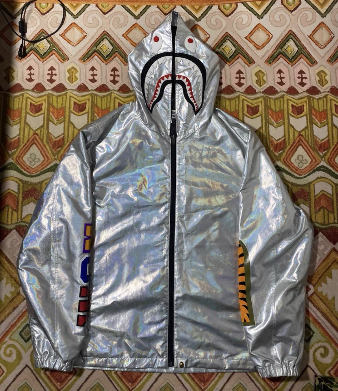 image of Bape Aurora Shark Hoodie Jacket in Silver, Men's (Size XL)