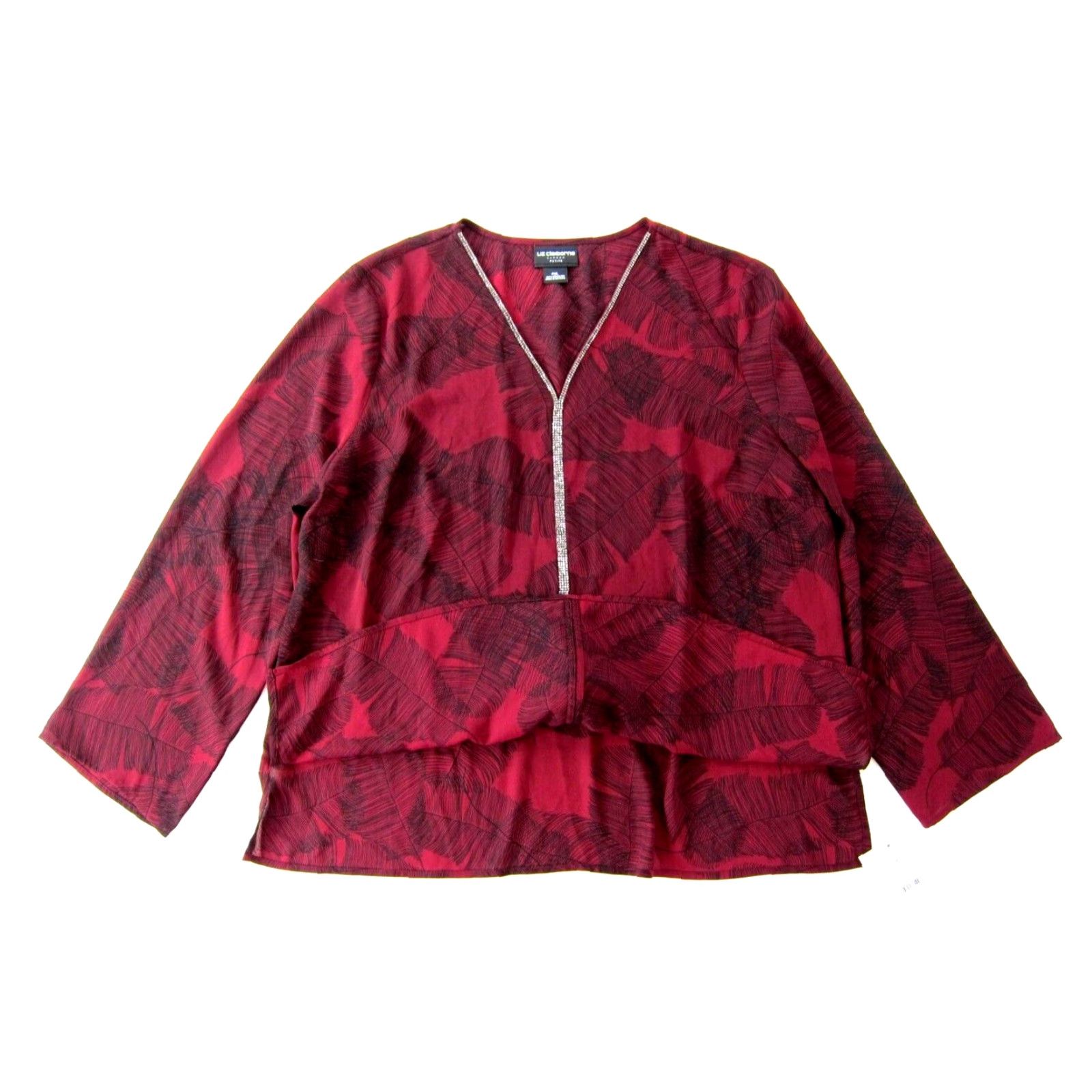 Liz Claiborne NWT Liz Claiborne Career Burgundy Red Feather Floral Beaded V-Neck Blouse PXL Size XL / US 12-14 / IT 48-50 - 6 Thumbnail