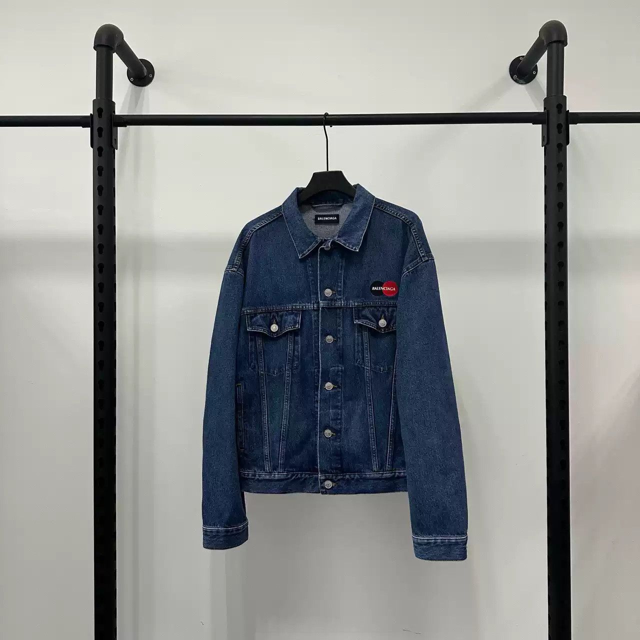 image of Balenciaga Ss20 Mastercard Embroidered Logo Denim Jacket in Black, Men's (Size Medium)