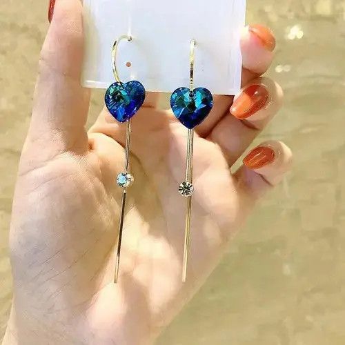 Jewelry × Sterling Silver × Vintage Women's Blue Crystal Love Heart Tassel Dangle Drop Earrings Size ONE SIZE - 3 Thumbnail