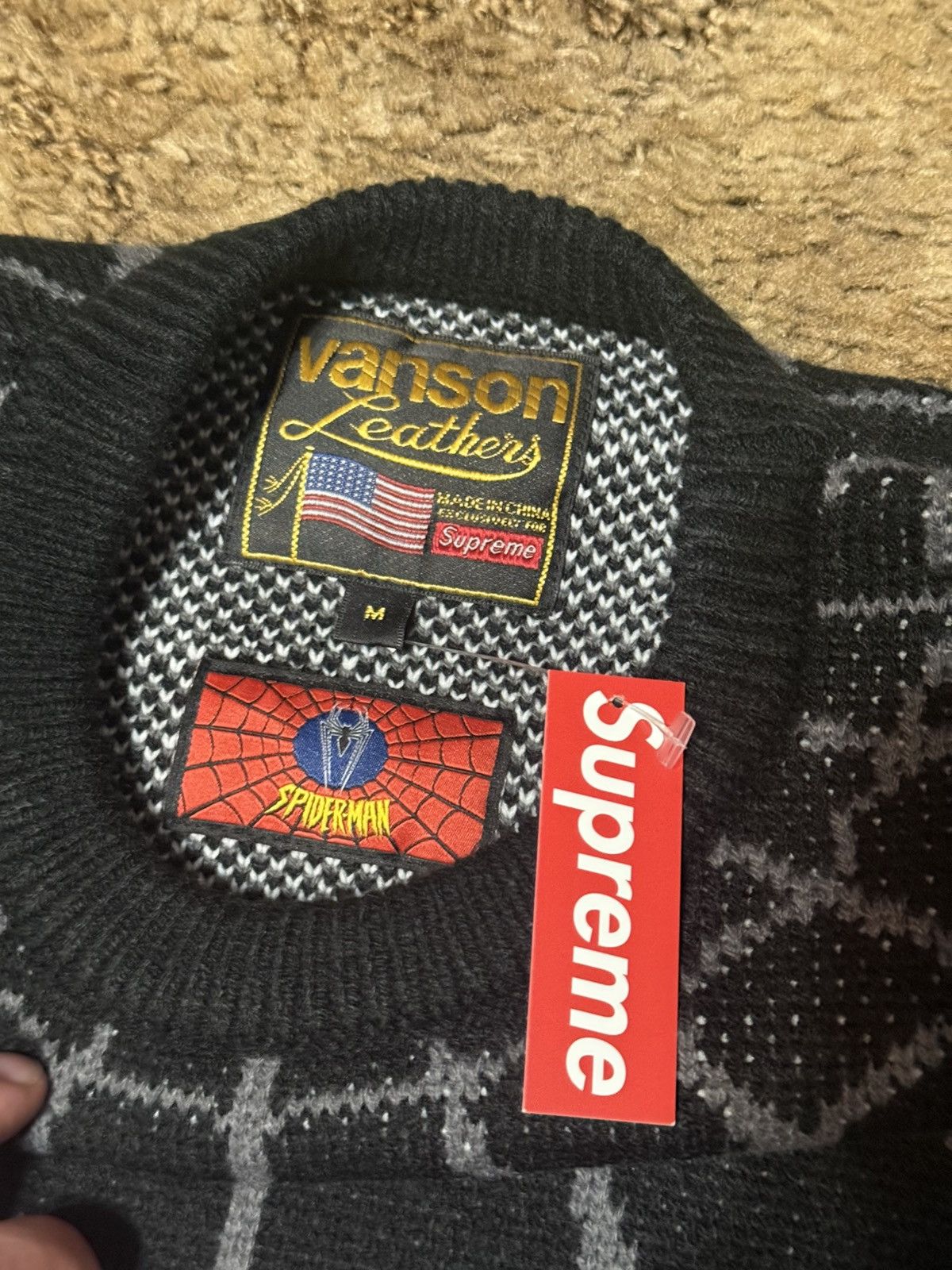 Supreme × Vanson Leathers Supreme/Vanson Leathers Spider-Man Sweater Black Brand New Size US M / EU 48-50 / 2 - 3 Thumbnail