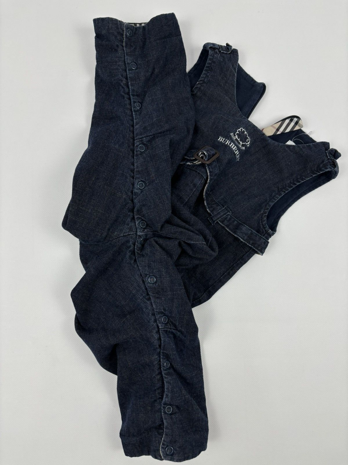 Burberry Unisex Prorsum Logo Nova Check Trim Denim Overalls Bottoms Jeans Jacket Size XXS / US 00 / IT 34 - 23 Thumbnail