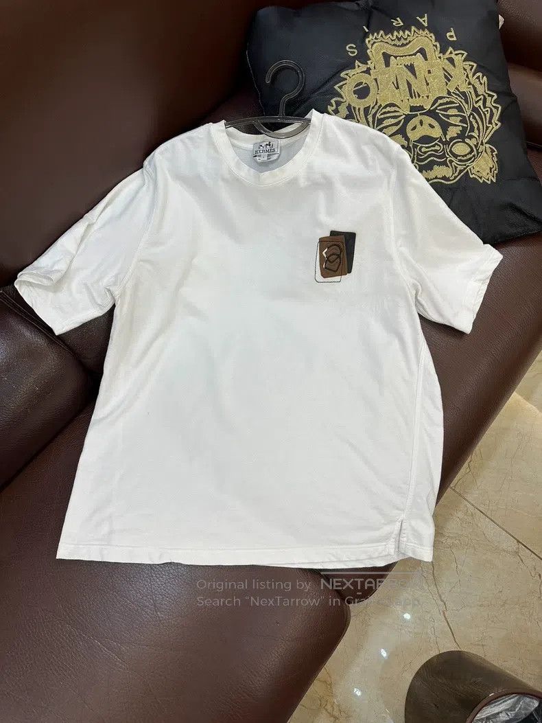 Hermes Horseshoe Leather Detail Crewneck Short Sleeve Whit