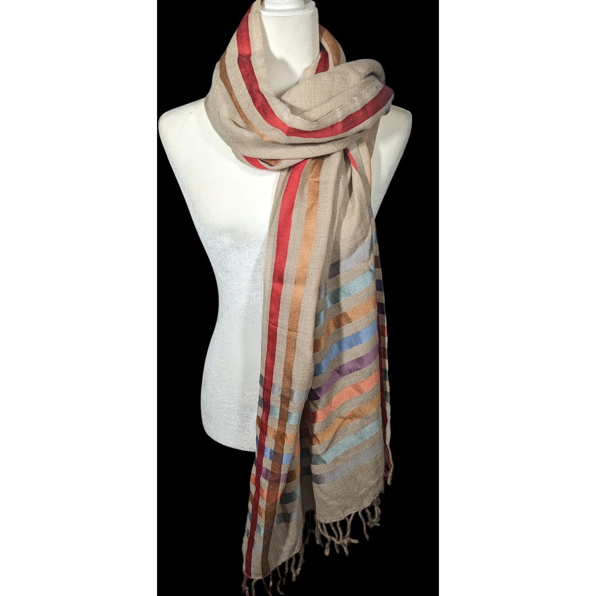 Vintage Cream Rainbow Stripe Accent Fringe Scarf