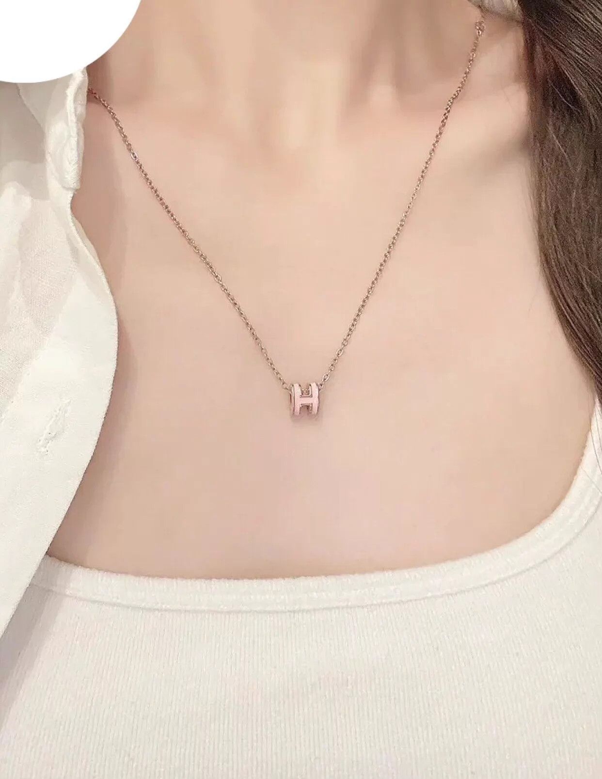 Hermes Hermès PopH Pink Enamel Mini H Rose Gold Necklace 40cm Size ONE SIZE - 2 Thumbnail