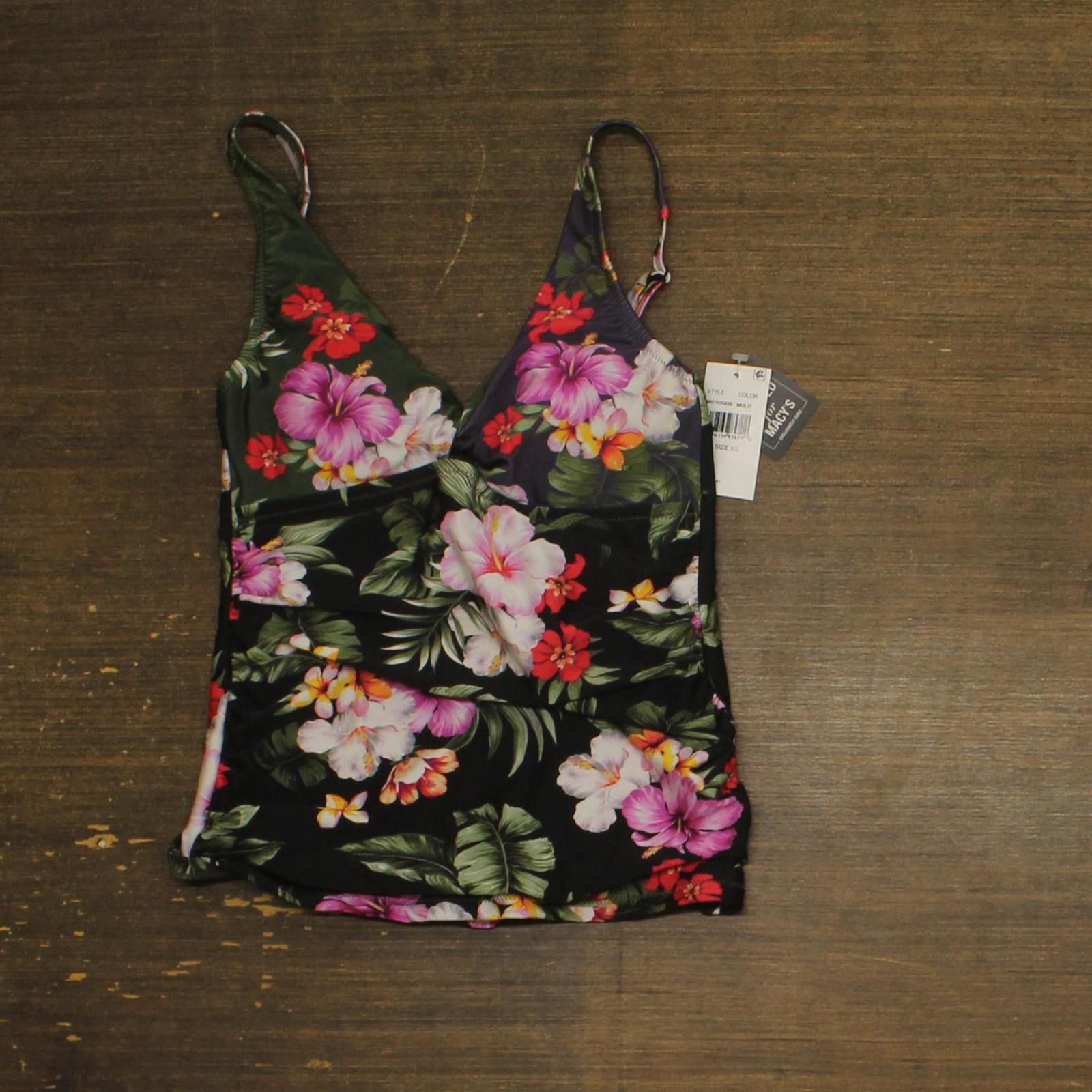 Bar III Nwt Bar Iii Printed Shirred Tankini Swim Top Multi Black Xs Size ONE SIZE - 1 Thumbnail