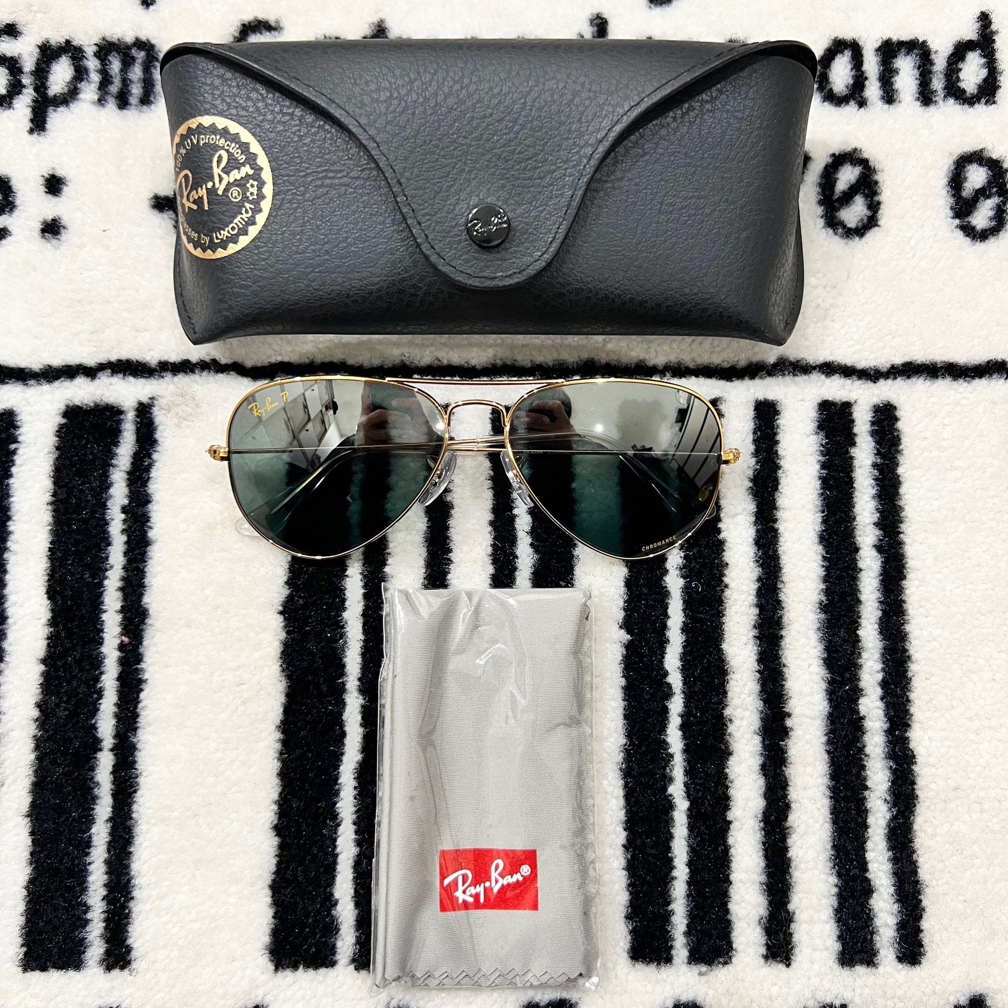 image of Rayban Aviator Polarized Blue Tint Mirror Sunglasses in Blue/Gold, Men's