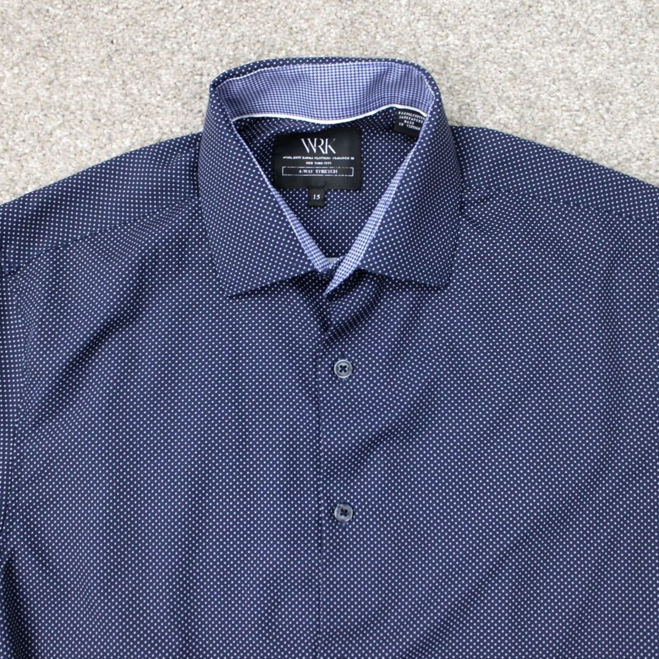 Vintage WRK Dress Shirt Men 15 Blue Geometric 4-Way Stretch Polyester Stretch L/S Button Shirt Mens Blue Geometric 4-Way Stretch Dress Shirt Size 40R - 6 Thumbnail