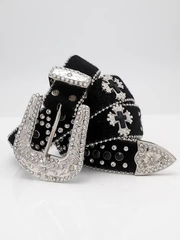 image of Dazzling Rhinestone Belt Pu Leather Belt in Black, Men's